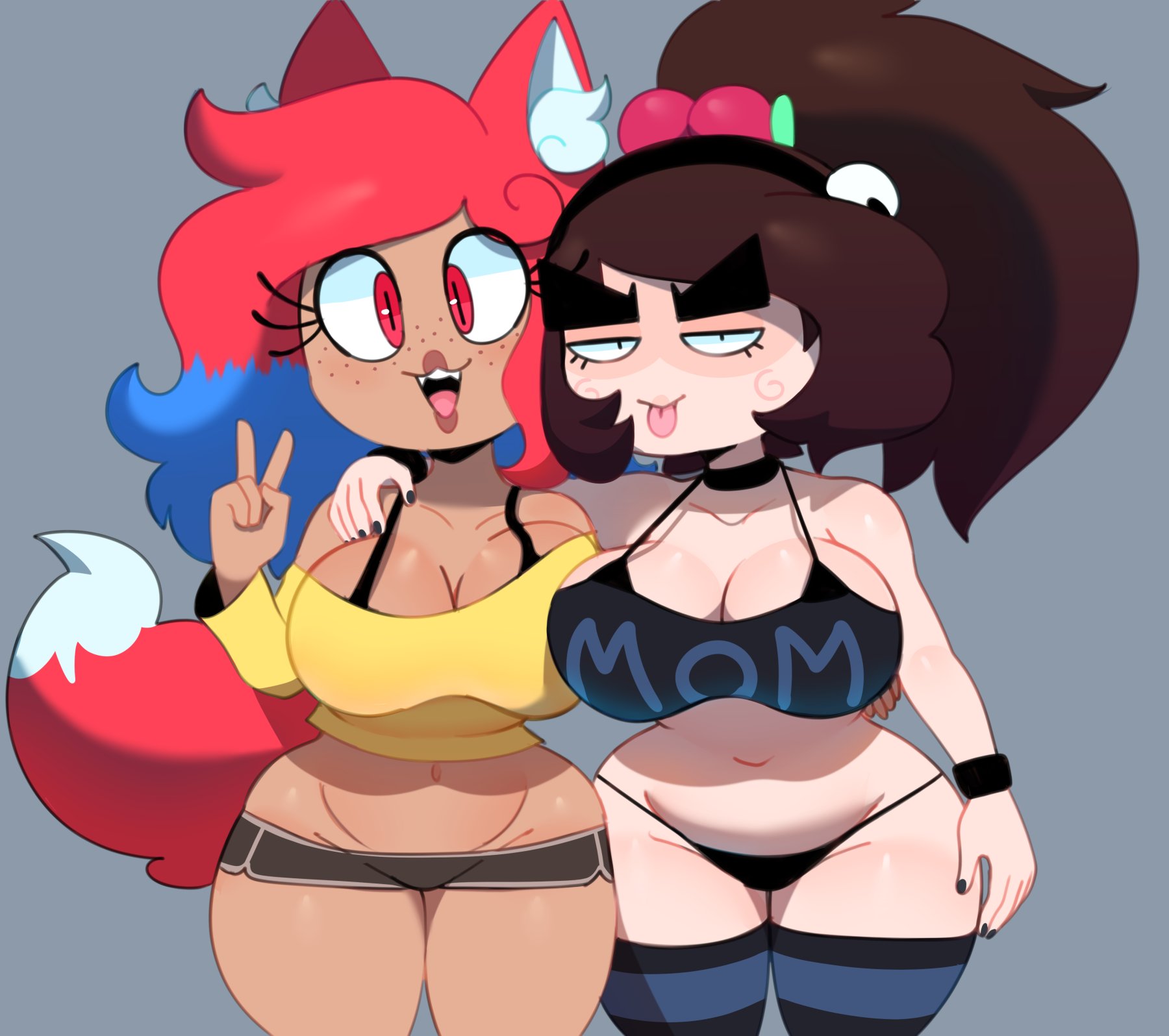 :3, 2girls, animal ears, arm around shoulder, big breasts, black nails, black thong, bra strap, breasts, brown hair, character request, choker, cleavage, dark skin, dark-skinned female, exposed belly, eyelashes, fangs, female, female only, femscrub (somescrub), freckles, freckles on face, goth, hourglass figure, long eyelashes, milf, multicolored hair, original, peace sign, red eyes, short shorts, slightly chubby, somescrub, striped legwear, tail, tank top, thick thighs, thighhighs, thong, tongue, tongue out, twitter, wristband, yellow shirt