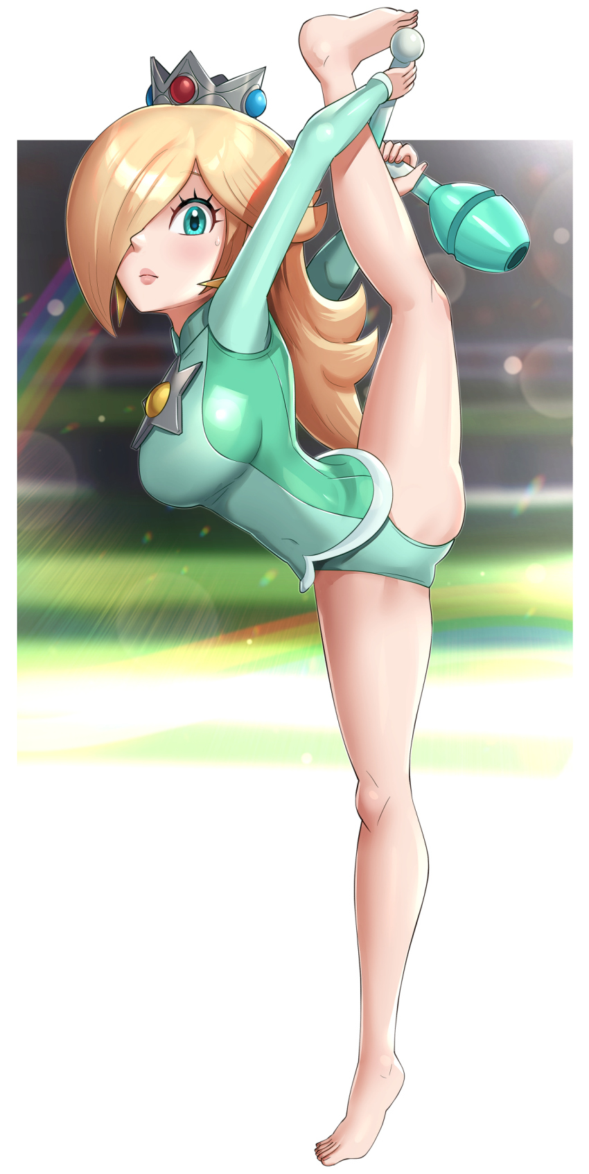 1girls adapted_costume bare_legs barefoot blonde_hair blue_eyes breasts club covered_navel crown female female_only flexible full_body fully_clothed gonzarez hair_over_one_eye highres leotard lips long_hair long_sleeves looking_at_viewer mario_(series) mario_and_sonic_at_the_olympic_games nintendo object_request on_model princess_rosalina sleeved_leotard solo splits standing standing_on_one_leg star_(symbol) vertical_splits weapon