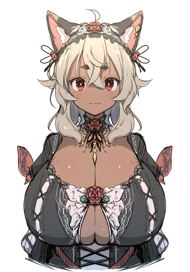 blonde_hair cat_ears cat_girl cleavage cleavage_cutout dress female gigantic_breasts hair_ornament huge_breasts indie_virtual_youtuber kemonomimi long_hair looking_at_viewer original original_character red_eyes smiling tanned_skin virtual_youtuber yana_(nekoarashi) yana_(vtuber)