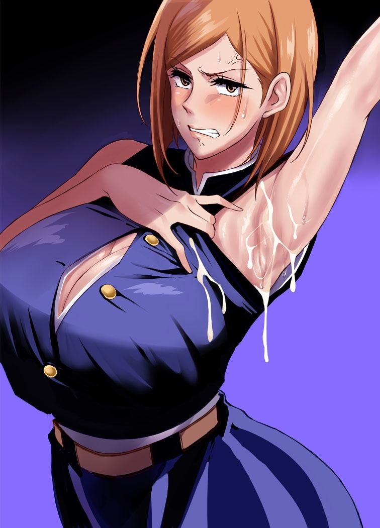 1girls armpits arms_up big_breasts brown_eyes brown_hair cum_inside cum_on_armpit cum_on_breasts female_focus female_only haikawa_hemlen jujutsu_kaisen kugisaki_nobara lifting_arm presenting_armpit sfh short_hair solo solo_female solo_focus ssfh sweat sweatdrop sweaty_armpits