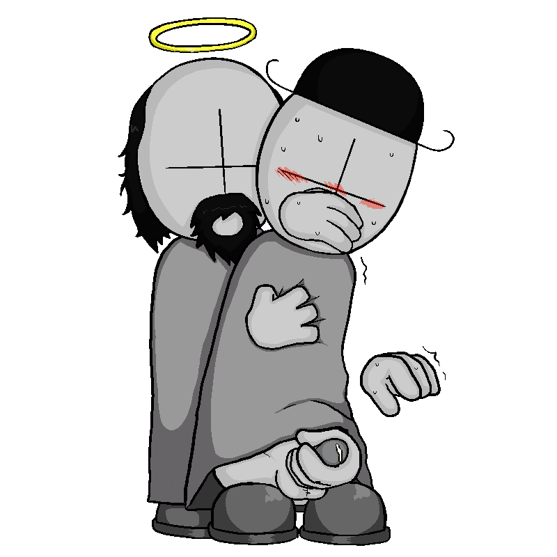 black_goatee black_hair black_hat blush covering_mouth dr._jebediah_christoff gay halo jacking_off_another jebediah_christoff jebus killerfrog madness_combat newgrounds no_arms sheriff_(madness_combat)