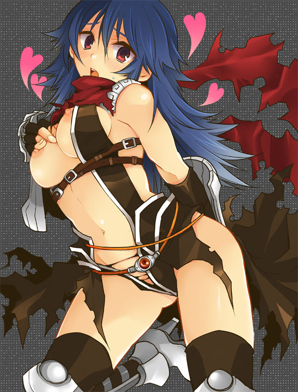 armor armored_boots assassin_cross_(ragnarok_online) bangs black_cape black_gloves black_legwear black_shirt blue_hair blush boots breasts cape commentary_request cowboy_shot elbow_gloves eremes_guile eyebrows_visible_through_hair female fingerless_gloves gauntlets genderswap_(mtf) gloves hair_between_eyes heart high_heel_boots high_heels kneehighs leg_up long_hair looking_to_the_side medium_breasts navel nipples open_clothes open_mouth open_shirt pauldrons ragnarok_online red_eyes red_scarf revealing_clothes rule_63 scarf shirt shoulder_armor solo sptbird torn_cape torn_clothes torn_scarf waist_cape