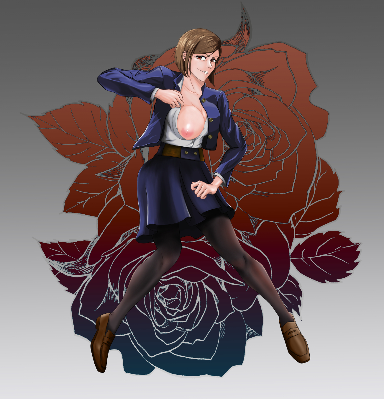 1girls, areola, beltskirt, breasts, brown eyes, brown hair, brown-haired female, female, female only, full body, grey background, grin, jojo reference, jujutsu kaisen, kugisaki nobara, large breasts, looking at viewer, nipples, nissy, no bra, one breast out, pose, school uniform, shirt, short hair, skirt, solo, solo female, teenager, unbuttoned shirt