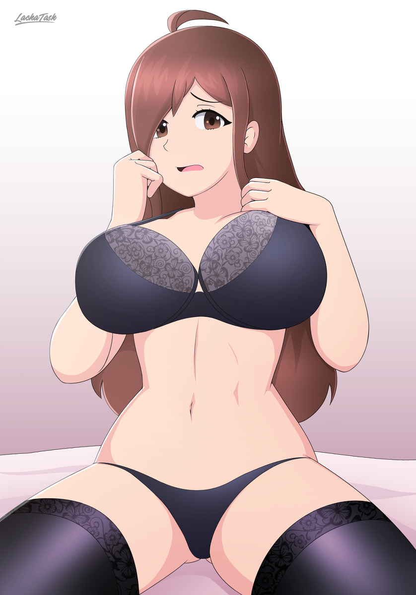1girls, antenna hair, big breasts, black bikini, black bra, black panties, black thighhighs, bra, breasts, brown eyes, brown hair, female, female only, kono subarashii sekai ni shukufuku wo!, lackatask, legs apart, long hair, looking at viewer, midriff, navel, open mouth, panties, shy, solo, solo female, thick thighs, thighhighs, thin waist, wiz (konosuba)