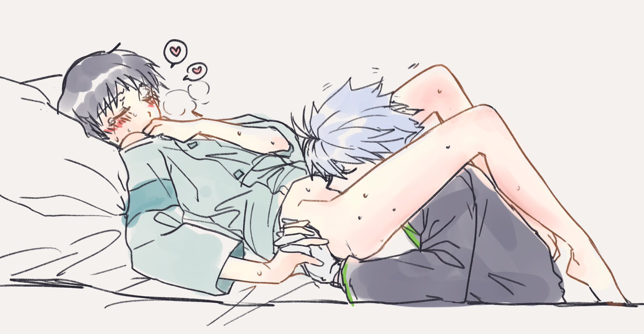 2boys, blowjob, blush, bottomless, clothing, gay, heart, holding hands, human, human only, kaworu nagisa, male, male on male, male only, male/male, neon genesis evangelion, on bed, oral, shinji ikari, tagme, yaoi