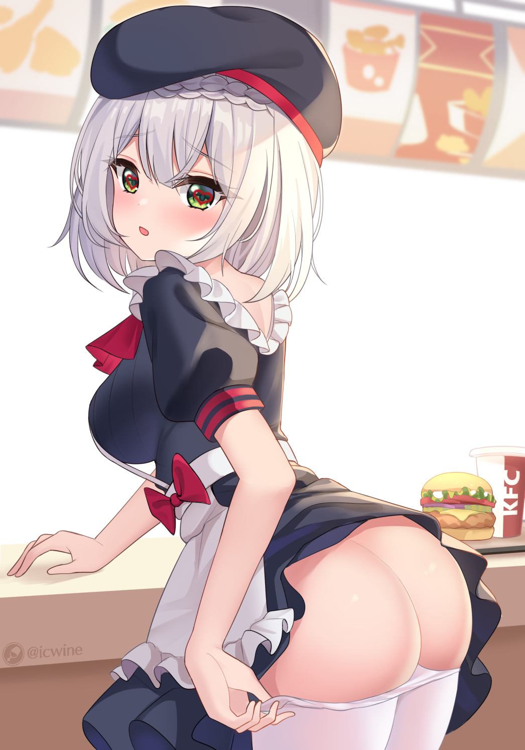 1girls apron ass big_breasts breasts burger dat_ass exposed_ass fast_food female genshin_impact heart-shaped_pupils icwine kfc menu no_panties noelle_(genshin_impact) noelle_(kfc)_(genshin_impact) pantyhose pantyhose_pull restaurant skirt_lift waitress