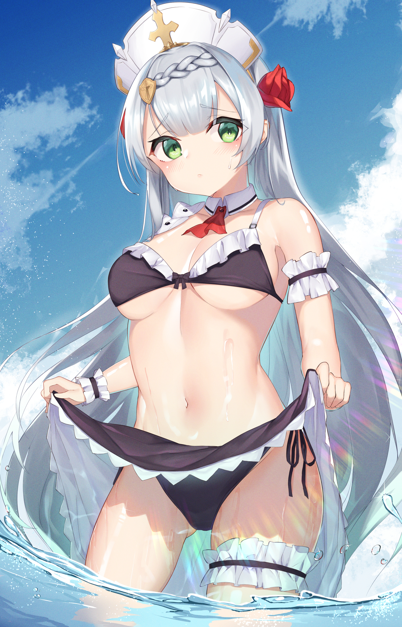 1girls, blush, bra, breasts, clothing, cloud, eyelashes, female, flower in hair, genshin impact, green eyes, hair ornament, long hair, looking aside, noelle (genshin impact), panties, rose, skirt, skirt lift, sky, underwear, water, wet, white hair, yattsu