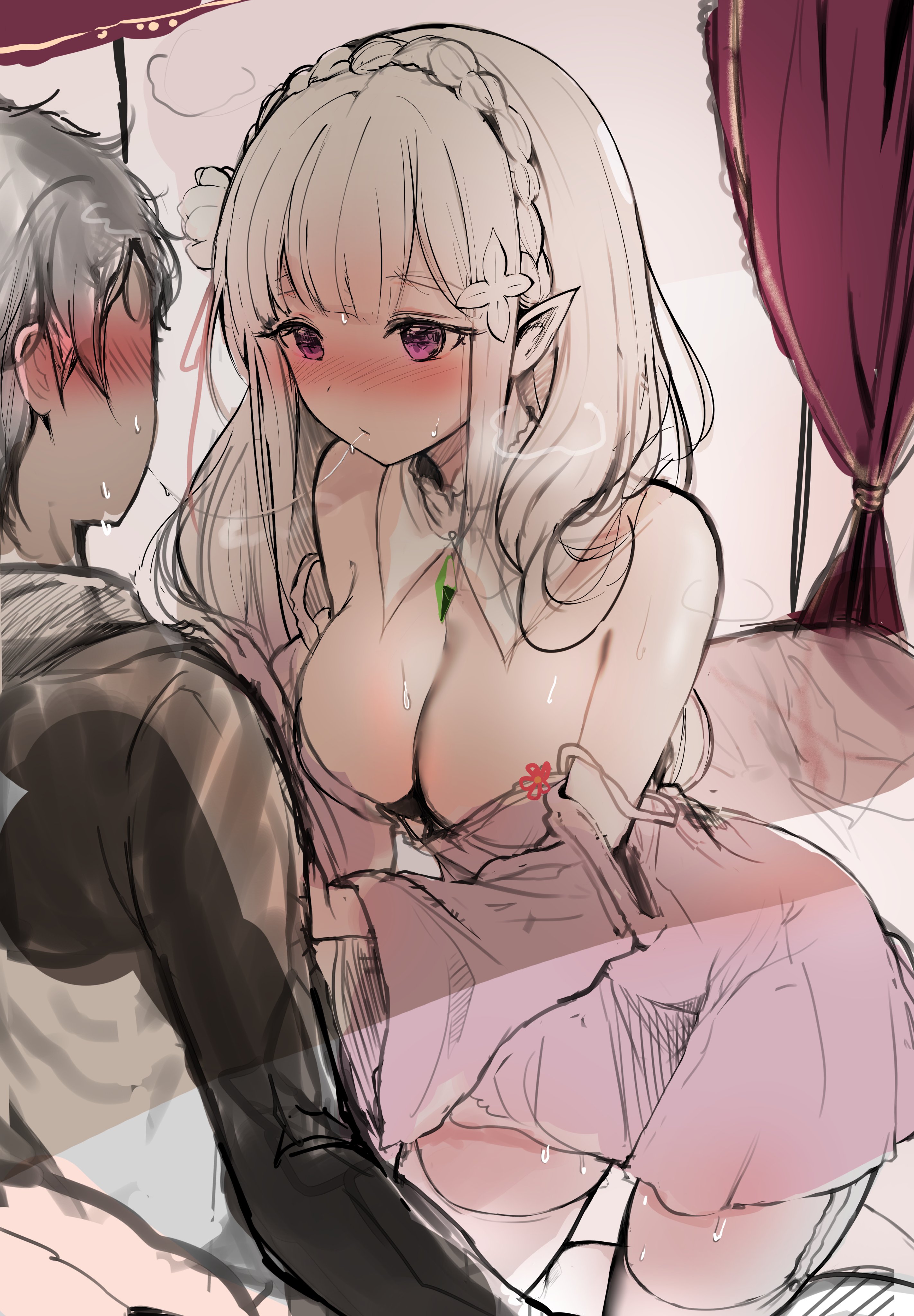 =3, 1boy, absurdres, bangs, bare shoulders, blush, braid, breasts, cleavage, crown braid, curtains, detached collar, dress, emilia (re:zero), eyebrows visible through hair, female, flower, hair flower, hair ornament, highres, kissing, large breasts, lingerie, long hair, making out, male, natsuki subaru, negligee, off shoulder, pink negligee, pointy ears, purple eyes, re:zero kara hajimeru isekai seikatsu, sak (lemondisk), saliva, saliva trail, silver hair, sketch, straight, sweat, sweatdrop, thighhighs, underwear, white legwear, zettai ryouiki