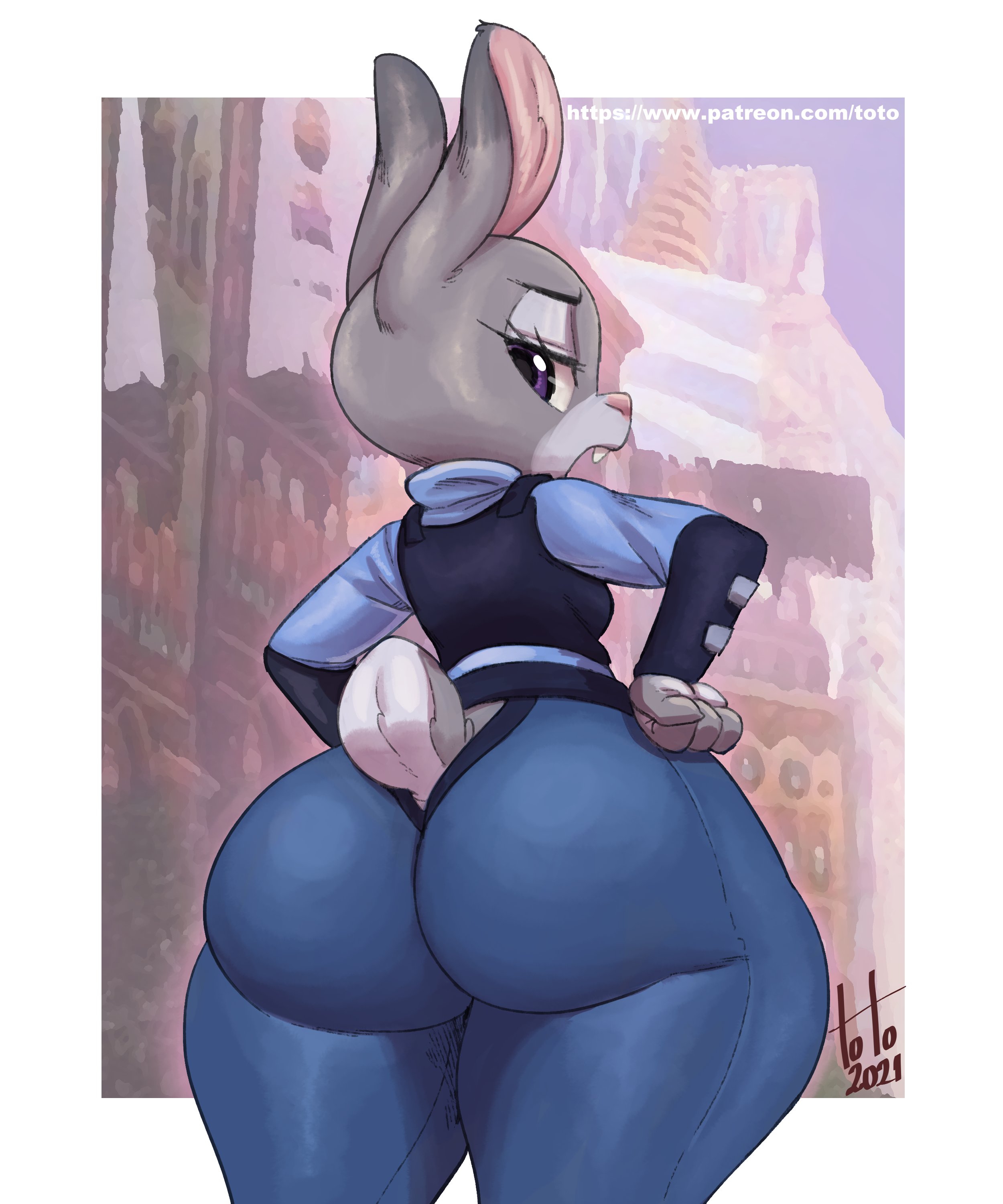 2021, 2d, 4 fingers, anthro, ass, background, big ass, big butt, bottom heavy, breasts, bunny ears, bunny girl, bunny tail, city background, clothed, clothing, disney, eyelashes, fabianoferreira, female, fur, furry, furry only, grey fur, hi res, judy hopps, legs, looking at viewer, looking back, narrowed eyes, open mouth, police, police uniform, policewoman, purple eyes, rabbit, solo, tail, teeth, thick thighs, thunder thighs, toto draw, wide hips, zootopia