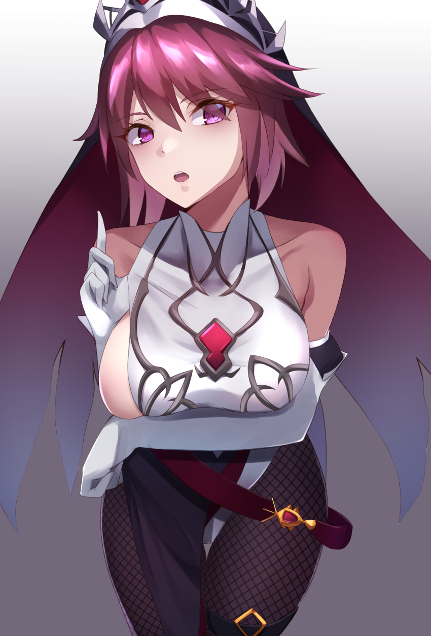 1girls, 5 fingers, asymmetrical legwear, bangs, bare shoulders, belly, big breasts, boobs, breast rest, breasts, female, female focus, female only, genshin impact, gloves, huge breasts, large breasts, long hair, looking at viewer, nun, open mouth, purple eyes, red hair, rosaria (genshin impact), simple background, standing, stockings, tagme, thick hips, thick thighs, thighs, wide hips