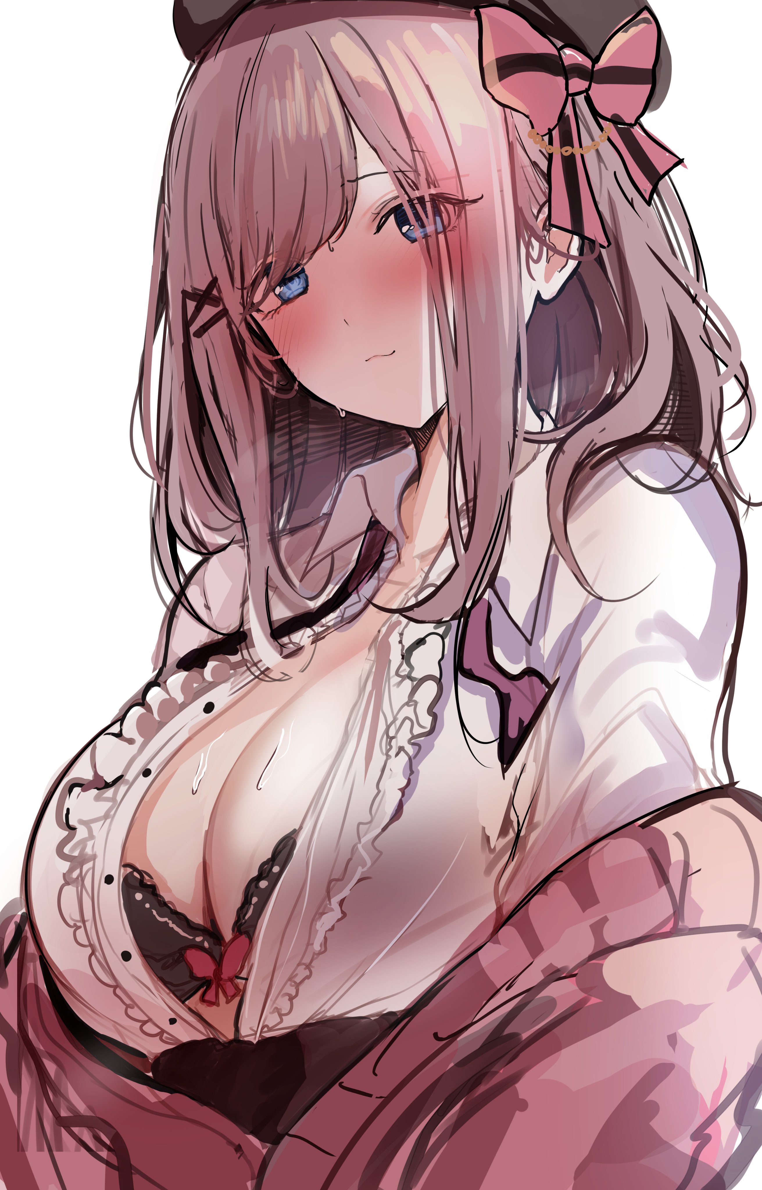 absurdres, bangs, beanie, black bra, blue eyes, blush, bow, bra, breasts, brooch, brown hair, button gap, cleavage, female, full-face blush, hairbow, hat, highres, jewelry, large breasts, looking at viewer, nijisanji, open clothes, open shirt, sak (lemondisk), short hair, simple background, solo, steam, suzuhara lulu, sweat, underwear, virtual youtuber, white background