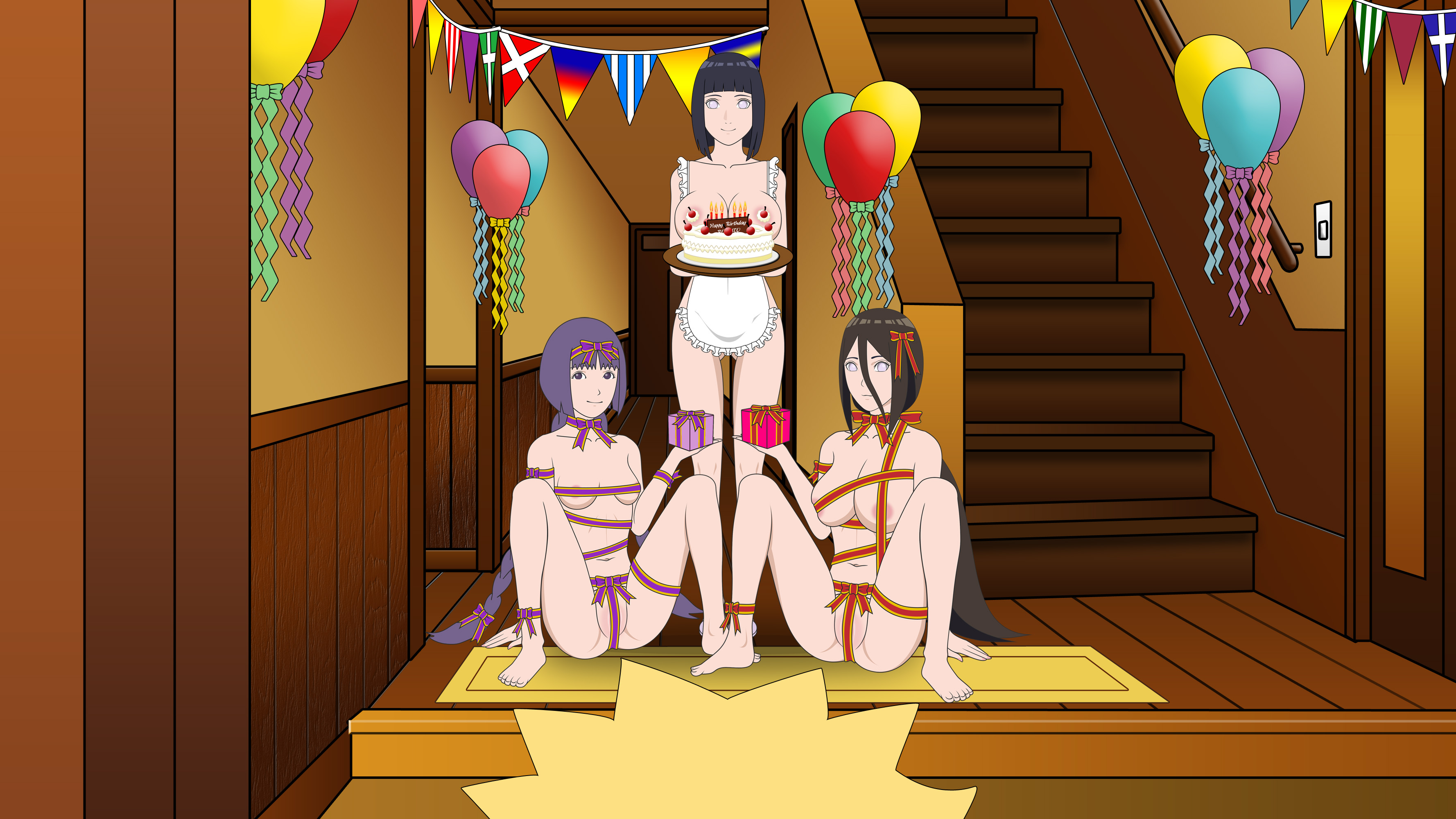 16:9 aspect ratio, apron, areolae, balloon, birthday cake, boruto: naruto next generations, braid, braided twintails, breasts, byakugan, cake, female, food, happy birthday, high resolution, hyuuga hanabi, hyuuga hinata, kakei sumire, labia, labia majora, large breasts, long hair, medium breasts, naruto, naruto (series), nearly naked apron, nipples, partially visible vulva, party, pixiv id 44029774, purple eyes, purple hair, pussy, ribbon, short hair, spread legs, tied hair, twin braids, twintails, uzumaki boruto, uzumaki hinata, vagina, very high resolution, very long hair