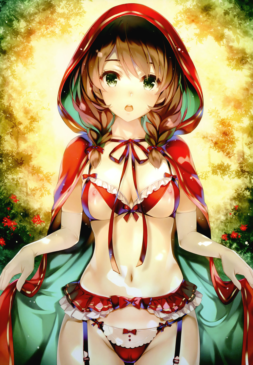 absurdres areolae bangs blush braid breasts brown_hair comic_aun female garter_straps green_eyes highres hood long_hair medium_breasts misaki_kurehito navel nipples open_mouth panties scan simple_background solo stomach tied_hair twin_braids underwear