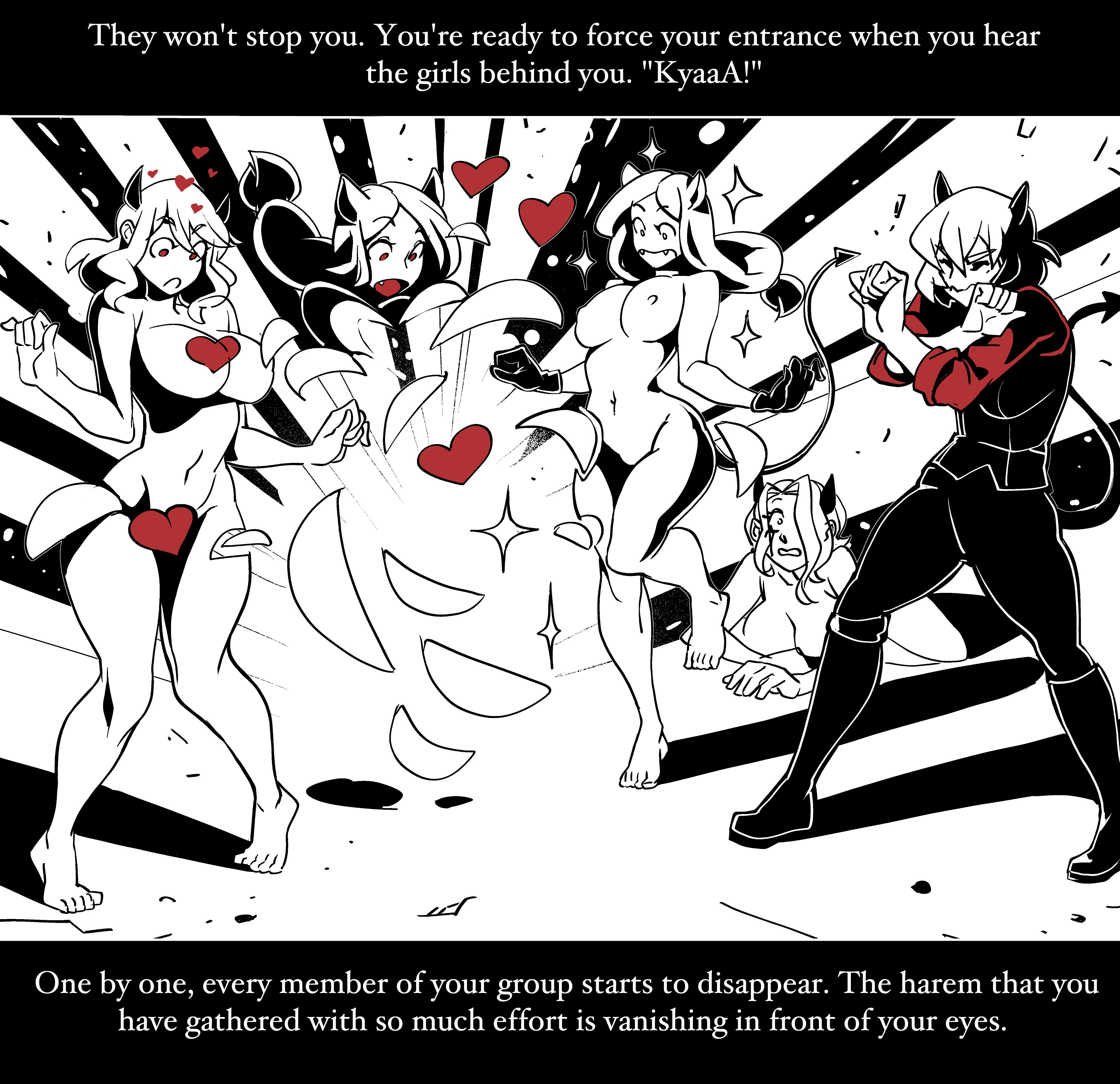 5girls, cerberus (helltaker), clothing, comic, demon, demon girl, demon horns, demon tail, dialogue, female, helltaker, malina (helltaker), multiple females, multiple girls, nisego, tagme, text, zdrada (helltaker)