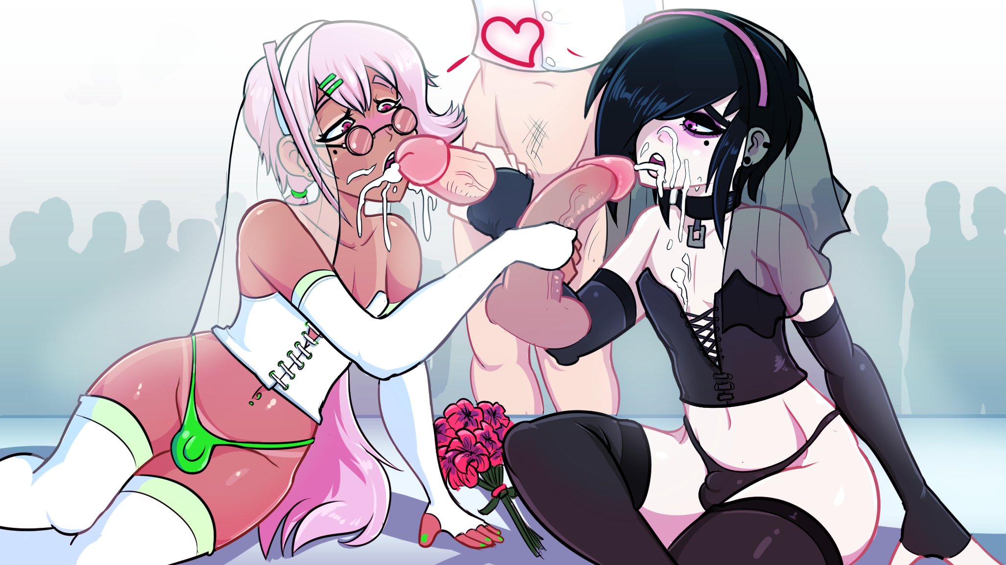 2021, 4boys, beauty mark, black hair, black nails, blush, bouquet, bridal veil, bride, bulge, collar, corset, crossdressing, cum, cum in mouth, cum on face, disembodied penis, earrings, femboy, fingerless gloves, gay, girly, glasses, goth, green nails, handjob, heart, lavey, lavey-otokonoko, long hair, male, male bride, male wife, original, panties, penis, penis in panties, pink eyes, pink hair, public sex, short hair, tan, tanline, thighhighs, thong, trap, trap bride, wedding, yaoi
