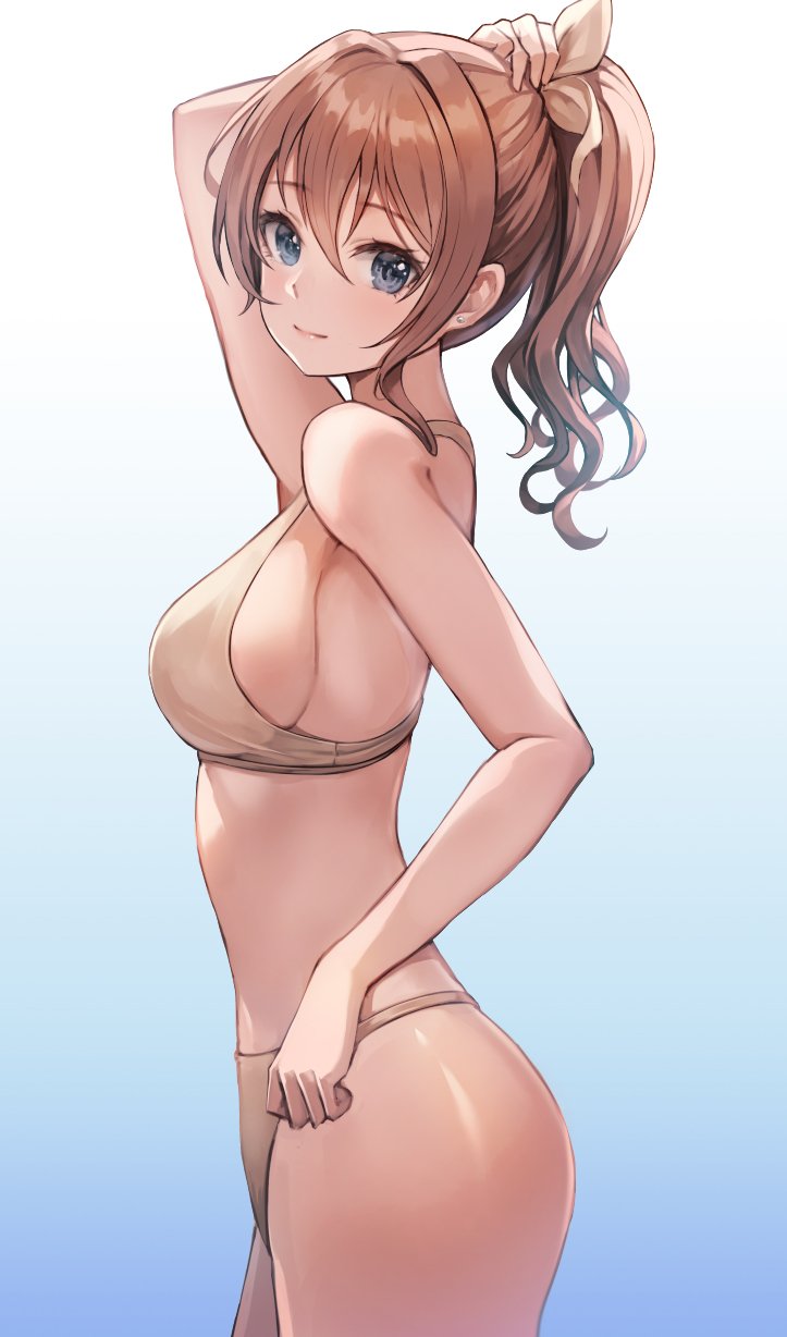 bang_dream! beige_bikini bikini blue_eyes breasts brown_hair closed_mouth cowboy_shot earrings female female_focus from_side hair_ribbon highres holding holding_hair jewelry long_hair looking_at_viewer lunacle neck ponytail ribbon shiny shiny_skin sideboob simple_background smile solo swimsuit thighs yamabuki_saaya