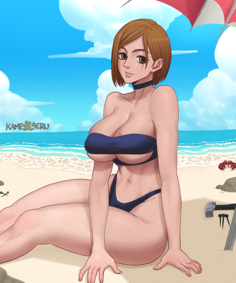 1girls, beach, big breasts, bikini, bob cut, breasts, brown hair, brown-haired female, crab, curvy female, female, female focus, female only, hammer, hourglass figure, jujutsu kaisen, kameseru, kugisaki nobara, looking at viewer, nails, neutral expression, sand, short brown hair, short hair, solo, solo female, solo focus, thick thighs, umbrella