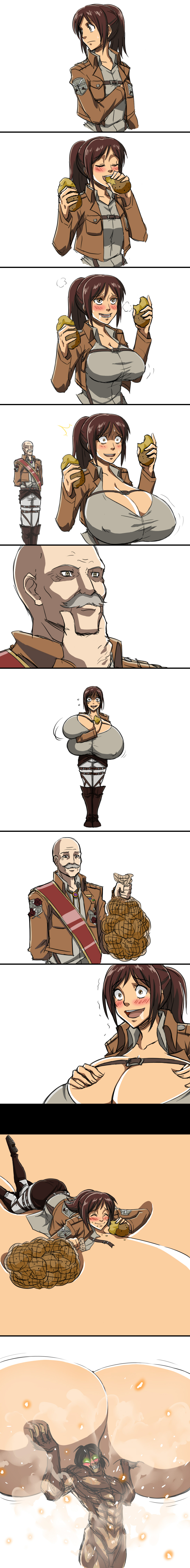 attack_on_titan big_breasts blush breast_expansion breasts cleavage comic eren_jaeger gigantic_breasts huge_breasts humor hyper hyper_breasts matsu-sensei nipple_bulge ponytail sasha_braus tagme