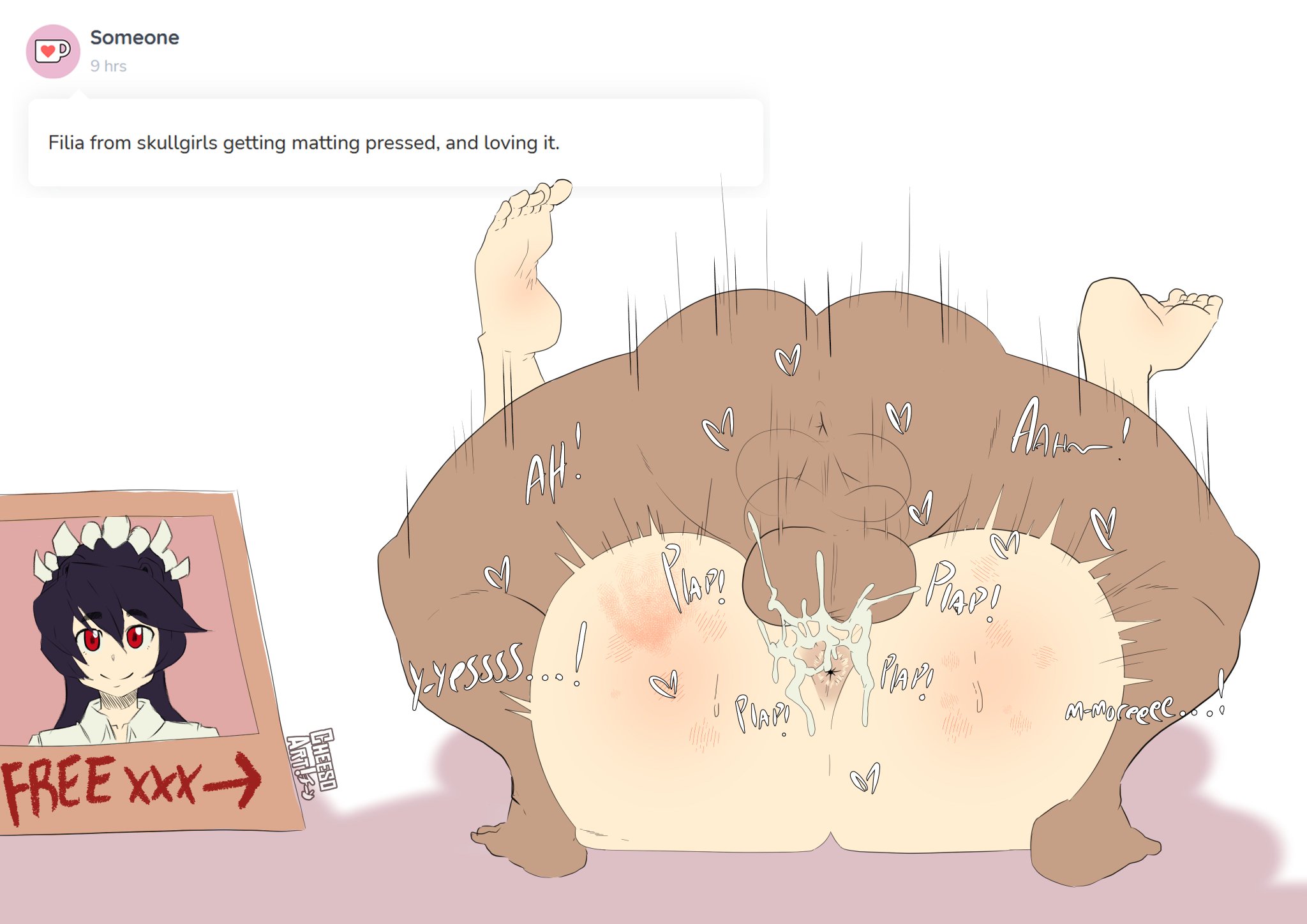 1boy, 1girls, alternate ass size, anus, ass, backsack, balls, balls deep, ballsack, big ass, cheesoart, cum, cum in pussy, cum inside, female, filia (skullgirls), huge ass, large ass, male, male anus, mating press, penis, public use, pussy, samson (skullgirls), sex, skullgirls, straight