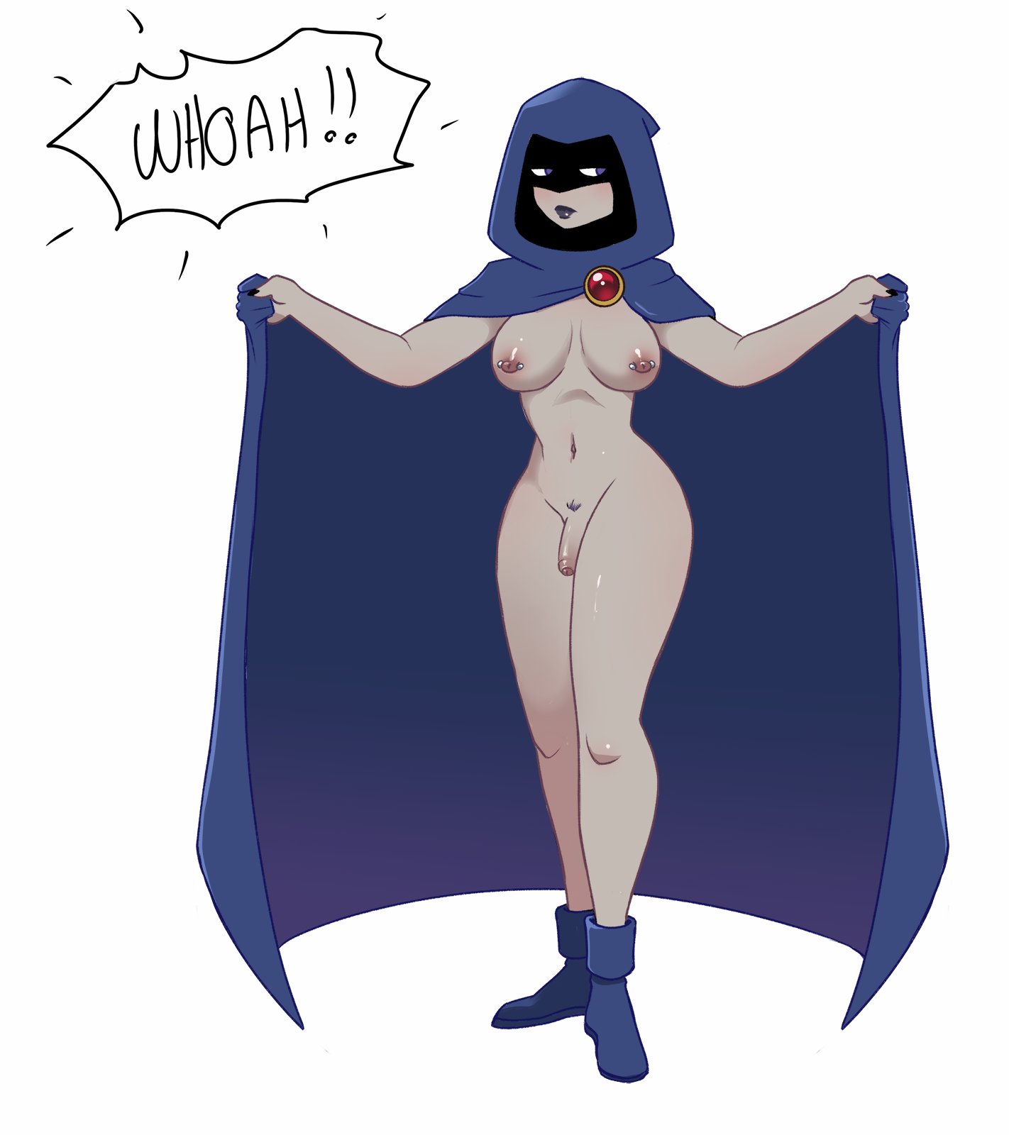 1futa, alternate version available, areolae, blush, breasts, cape, casual, cloak, clothing, dc, dc comics, flaccid, flashing, footwear, foreskin, full body, futa only, futanari, grey skin, hood, human, intersex, lipstick, looking away, naked under cloak, nipple piercing, nipples, nonsexual, nonsexual nudity, nude, outerwear, pale skin, penis, piercing, pubic hair, purple eyes, rachel roth, raven (dc), ravenemore, smooth skin, solo, teen titans, text, uncircumcised, white background