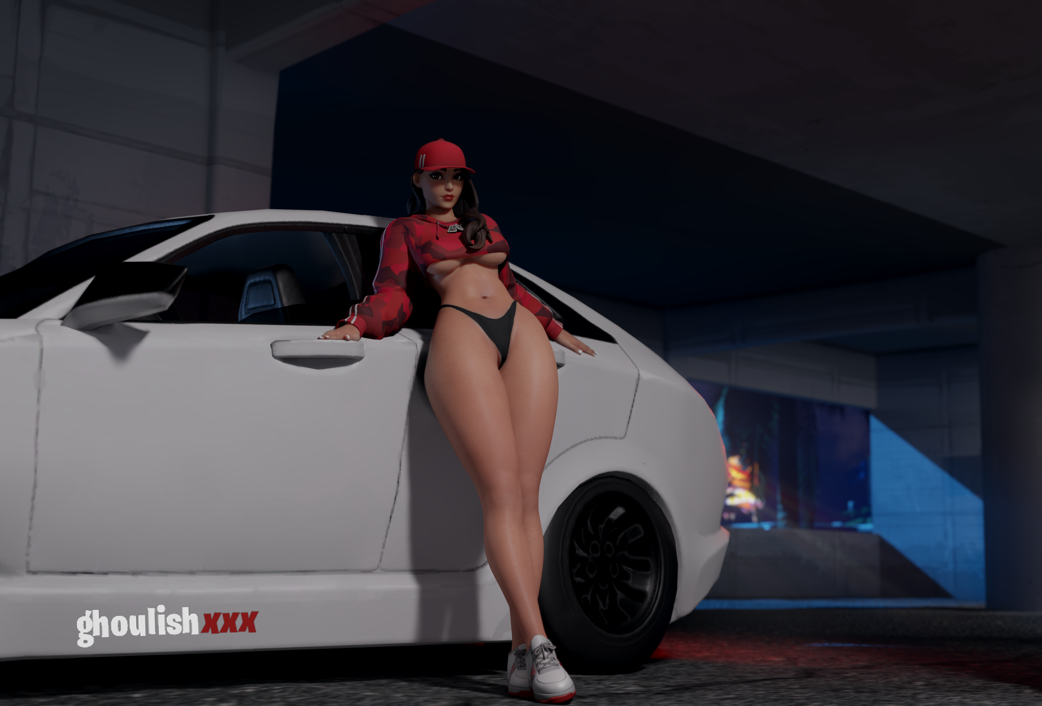 1girls, 3d, ass, bikini bottom, breasts, car, female, fortnite, ghoulishxxx, hat, hoodie, large ass, night, ruby (fortnite), sneakers, thick thighs, underboob, wide hips