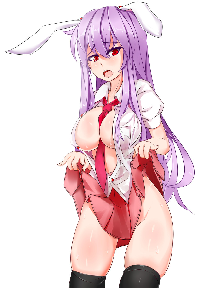 animal_ears between_breasts blush breasts bunny_ears no_panties pan-ooh purple_hair red_eyes reisen_udongein_inaba skirt_lift standing tagme thighhighs touhou wet wet_clothes