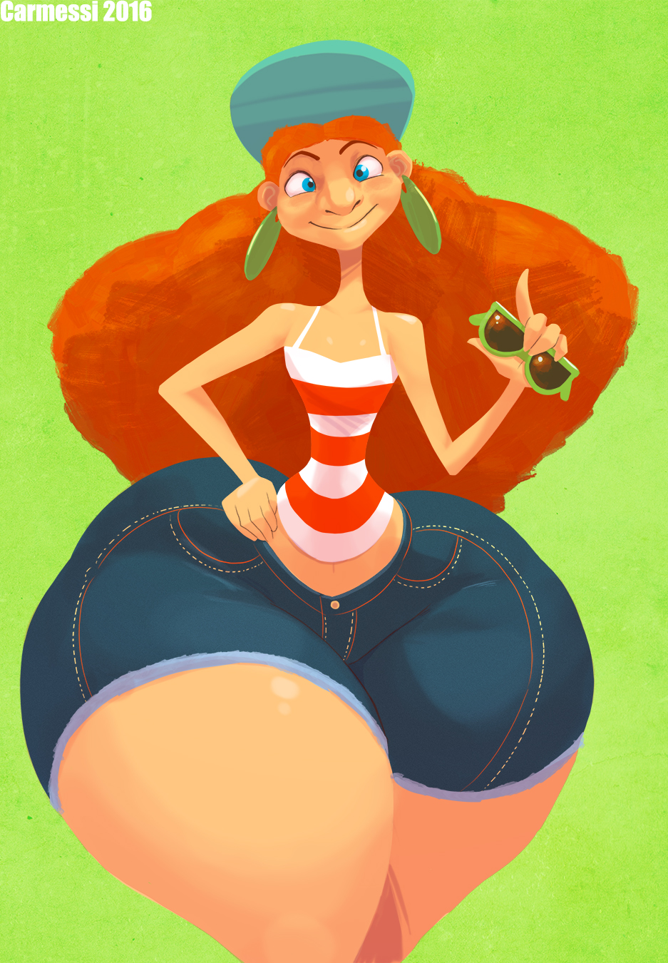 1girls ass bare_shoulders big_ass big_butt blue_eyes bottom_heavy butt carmessi curly_hair denim_shorts eyebrows eyewear_removed female female_only front_view green_background hat hips huge_ass huge_butt huge_thighs human human_only humanoid hyper hyper_ass hyper_butt hyper_hips inner_workings jean_shorts kate_(inner_workings) large_ass large_butt long_legs looking_at_viewer massive_ass red_hair red_head shorts simple_background smile smiling solo solo_female standing sunglasses sunglasses_removed tan_skin thick thick_ass thick_thighs thighs thin_waist tight_clothing wide_hips