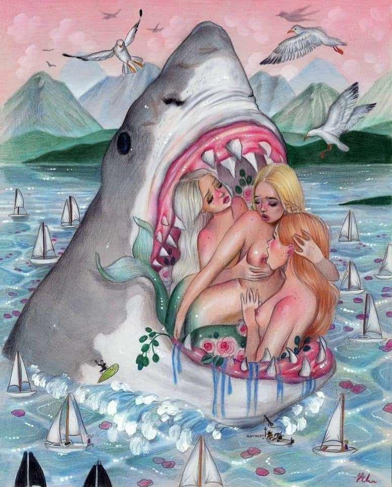 3girls, areolae, blonde hair, blush, boat, breasts, closed eyes, female, imminent vore, licking breast, licking nipples, lipstick, long hair, merfolk, mermaid, multiple females, multiple girls, nipples, red hair, relm (artist), seagull, shark, threesome, traditional media (artwork), vore, water, white hair, yuri