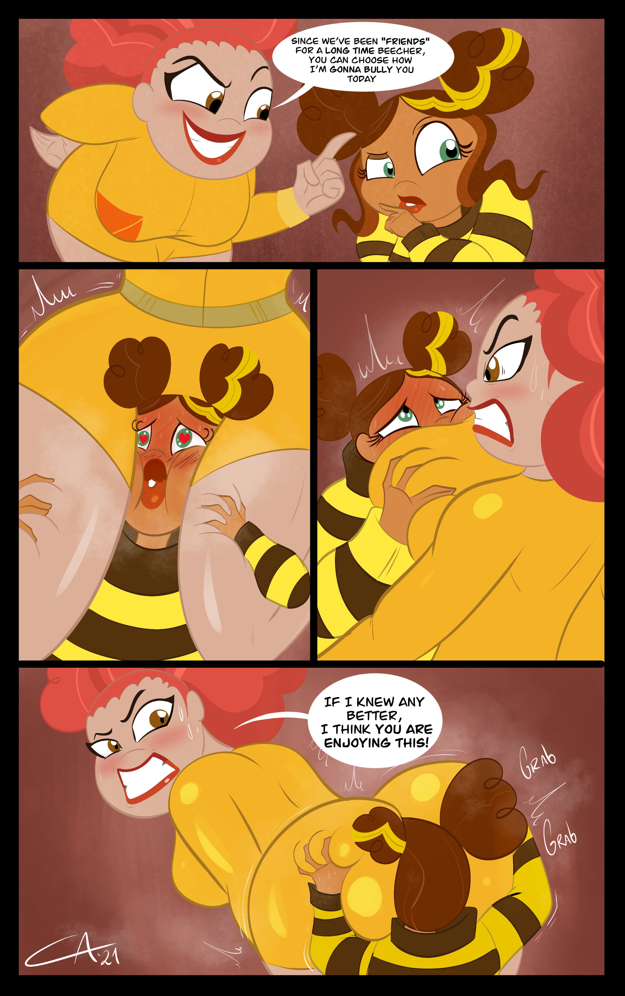 2girls, afro puffs, ameizing lewds, blush, blushing, breast grab, breasts, bumblebee (dc), comic, dc, dc comics, dc super hero girls, dialogue, doris zeul, doris zeul (shg), face in ass, female, female only, femdom, from behind, from behind position, giganta, grabbing, grabbing from behind, grabbing thighs, heart eyes, heart-shaped pupils, karen beecher, karen beecher (shg), lezdom, looking back, multiple females, multiple girls, size difference, smothering, speech bubble, sweat, sweatdrop, thighs, worship, worshiping, yuri