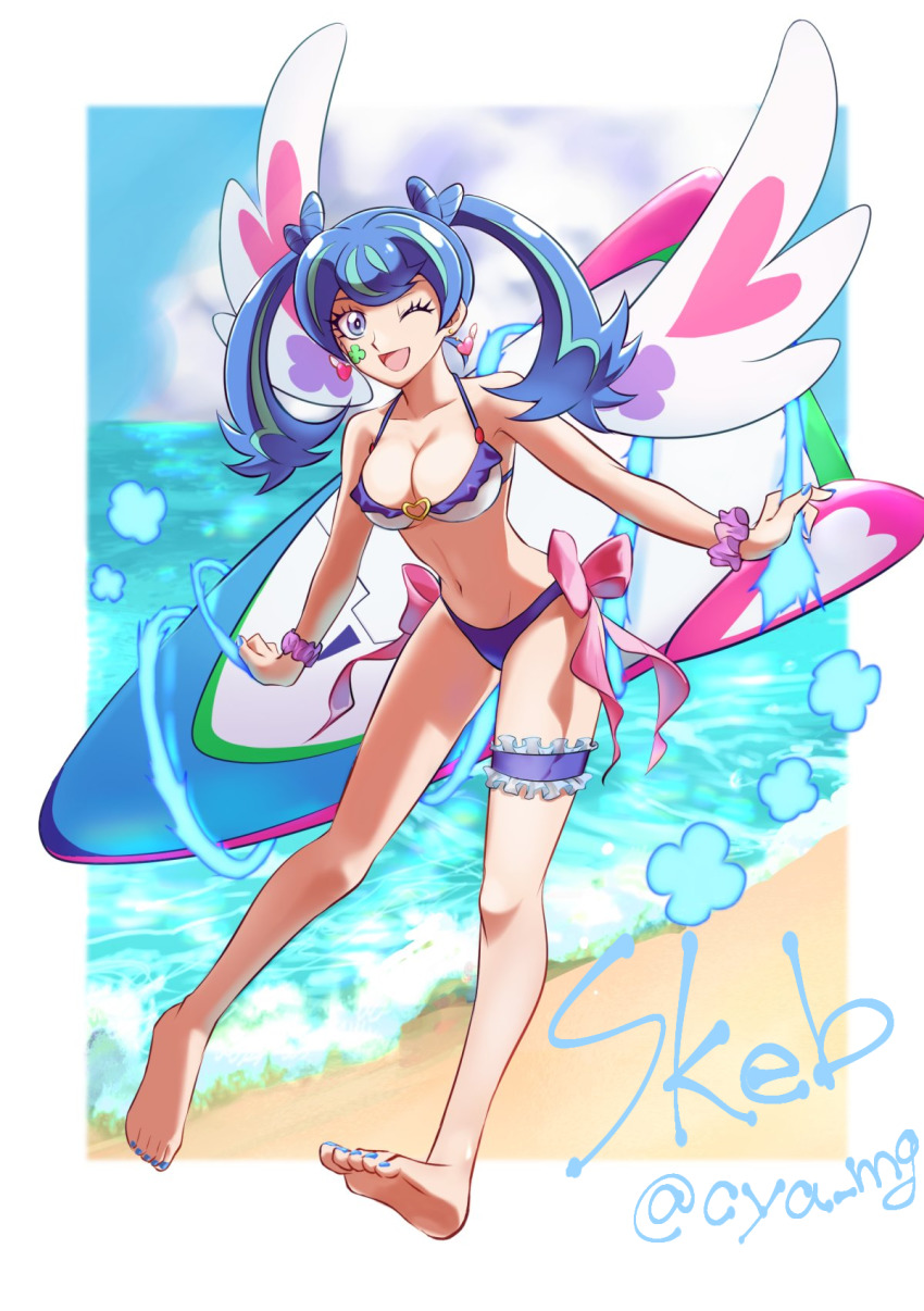 1girls, beach, bikini, blue angel, blue eyes, blue hair, blue nails, blue sky, bow, breasts, chaya mago, cleavage, cloud, cloudy sky, commentary request, commission, cya mg, earrings, female, full body, highres, horizon, jewelry, large breasts, leaning forward, looking at viewer, nail polish, navel, one eye closed, open mouth, outdoors, pink bow, pink ribbon, ribbon, shounen jump, skeb commission, sky, smile, solo, standing, swimsuit, twintails, water, yu-gi-oh!, yu-gi-oh! vrains, zaizen aoi