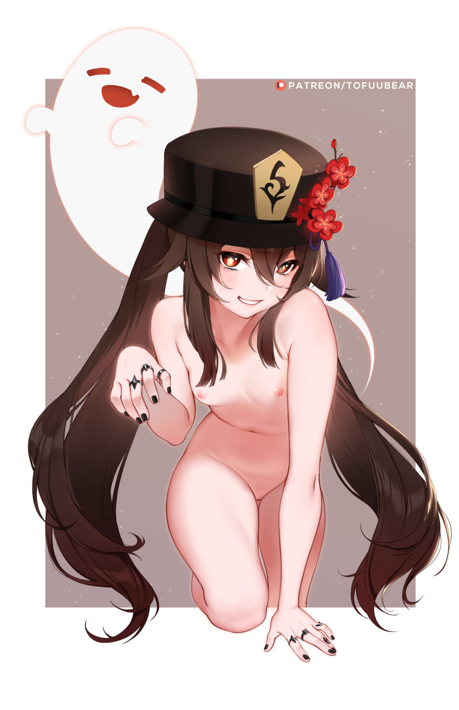 1girls, areolae, breasts, female, female only, genshin impact, hu tao (genshin impact), nipples, nude, small breasts, solo, tofuubear