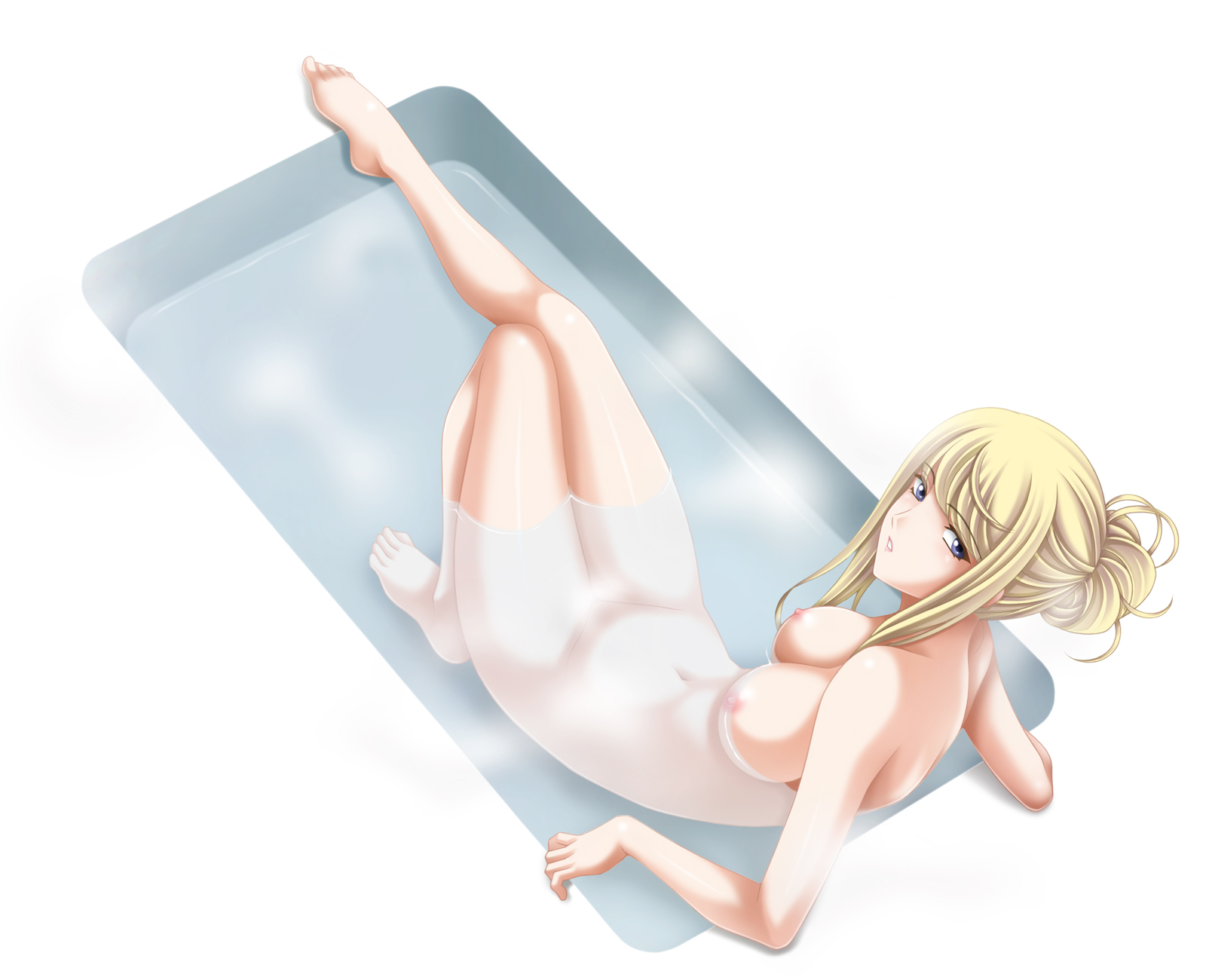 barefoot, bathing, bathtub, blonde hair, blue eyes, breasts, feet, female, female only, highres, human, large breasts, looking at viewer, metroid, nintendo, nipples, nude, parted lips, partially submerged, ponytail, samus aran, sitting, solo, steam, tamamon, tied hair, water