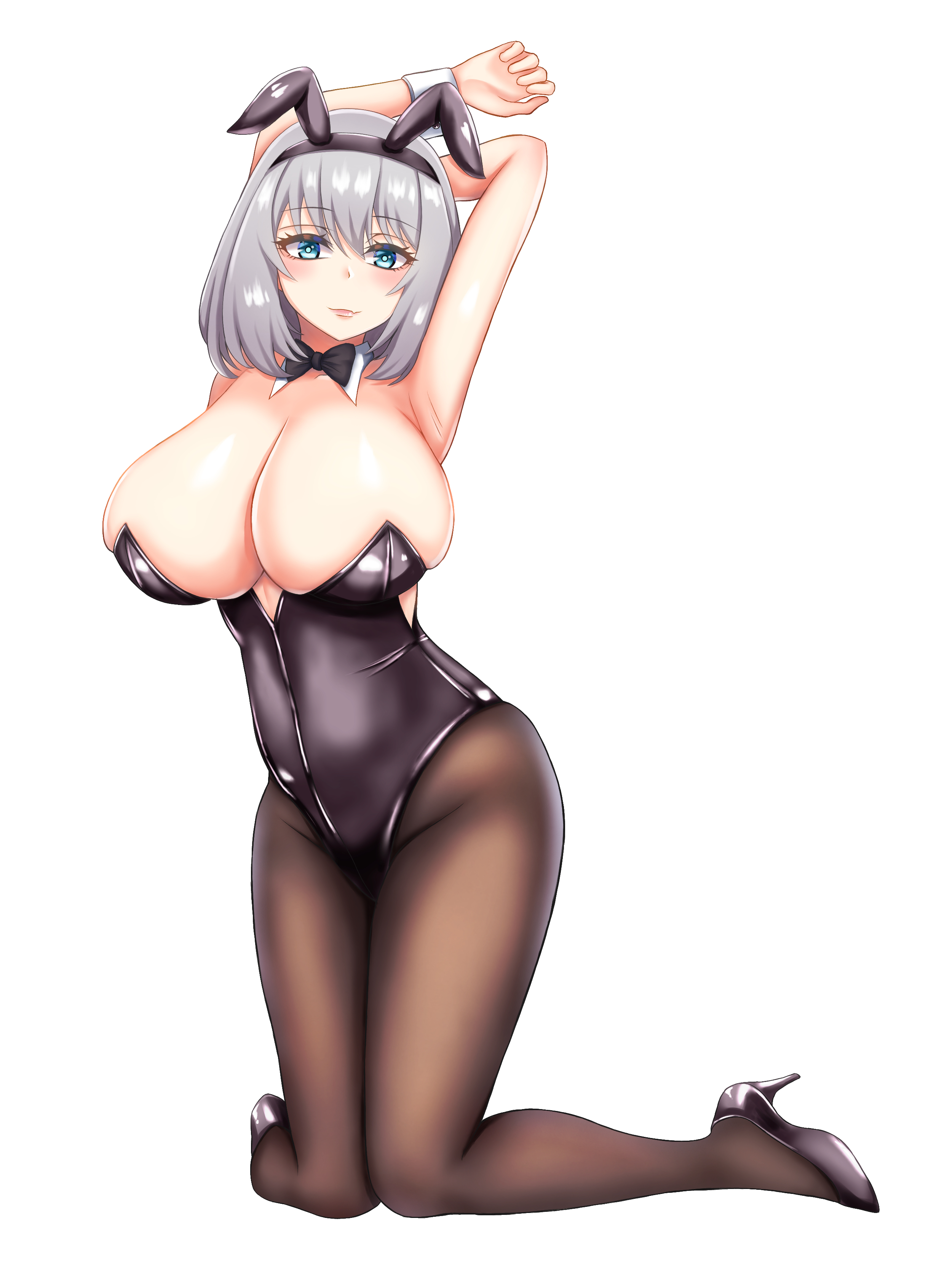 arms behind head, arms up, big breasts, black bowtie, black high heels, black leotard, black pantyhose, blue eyes, blush, bowtie, breasts, bunny costume, bunny ears, bunny girl, bunnysuit, closed mouth, comotaro, covered navel, covered nipples, eyebrows visible through hair, eyelashes, female, female focus, female only, high heels, leotard, mouth closed, oerba yun fang, on knees, pantyhose, playboy bunny, posing, shiny skin, short hair, silver hair, simple background, solo, solo female, solo focus, tejina senpai, tejina senpai (character), thighs, white background