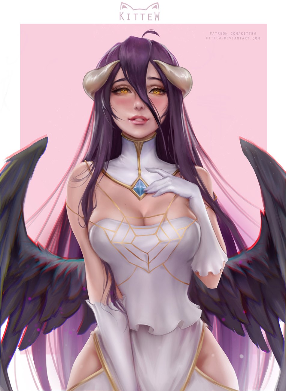 1girls, albedo (overlord), alternate version available, blush, breasts, cleavage, demon, dress, female, female only, kittew, looking at viewer, overlord (maruyama), solo, succubus