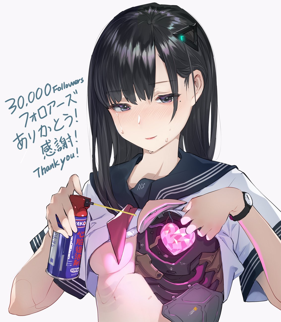 android black_eyes black_hair blush breasts closed_mouth eyebrows_visible_through_hair female hair_ornament heart highres long_hair mecha_musume mhk_(mechamania) mole mole_under_eye original school_uniform serafuku shirt_lift short_hair solo tears upper_body watch wristwatch