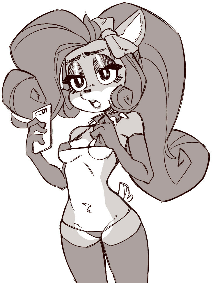 activision, anthro, belly button, bikini, breasts, coco bandicoot, crash (series), electronics, evil coco, female, female only, furry, goth, micro bikini, monochrome, petite, phone, small breasts, socks, tail, wamudraws