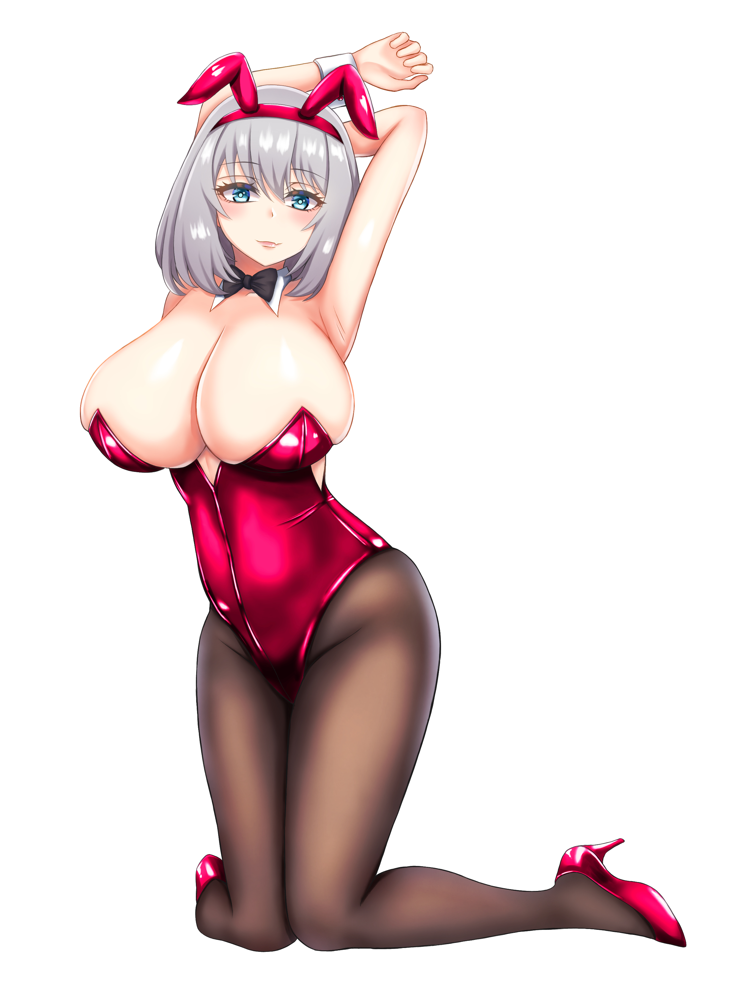 1girls, arms behind head, arms up, big breasts, black bowtie, black pantyhose, blue eyes, blush, bowtie, breasts, bunny costume, bunny ears, bunny girl, bunnysuit, closed mouth, comotaro, covered navel, covered nipples, eyebrows visible through hair, eyelashes, female, female focus, female only, high heels, leotard, mouth closed, on knees, pantyhose, playboy bunny, posing, red high heels, red leotard, shiny skin, short hair, silver hair, simple background, solo, solo female, solo focus, tejina senpai, tejina senpai (character), thighs, white background