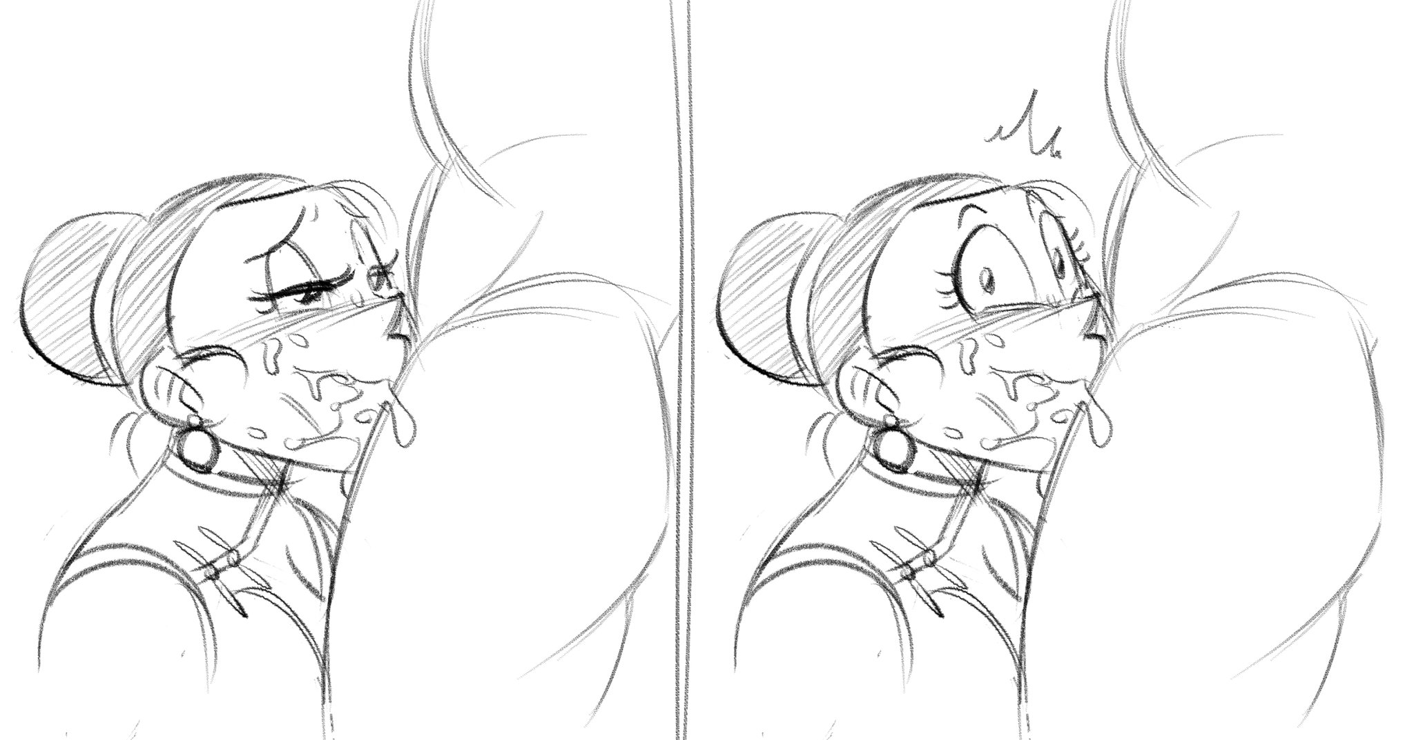 1boy, 1girls, blowjob, caught, caught in the act, chichi, cock gobble, cum, cum in mouth, cum on face, deepthroat, dragon ball, dragon ball super, dragon ball z, fellatio, female, funsexydragonball, male, monochrome, penis, sketch, son goku, sucking, surprised