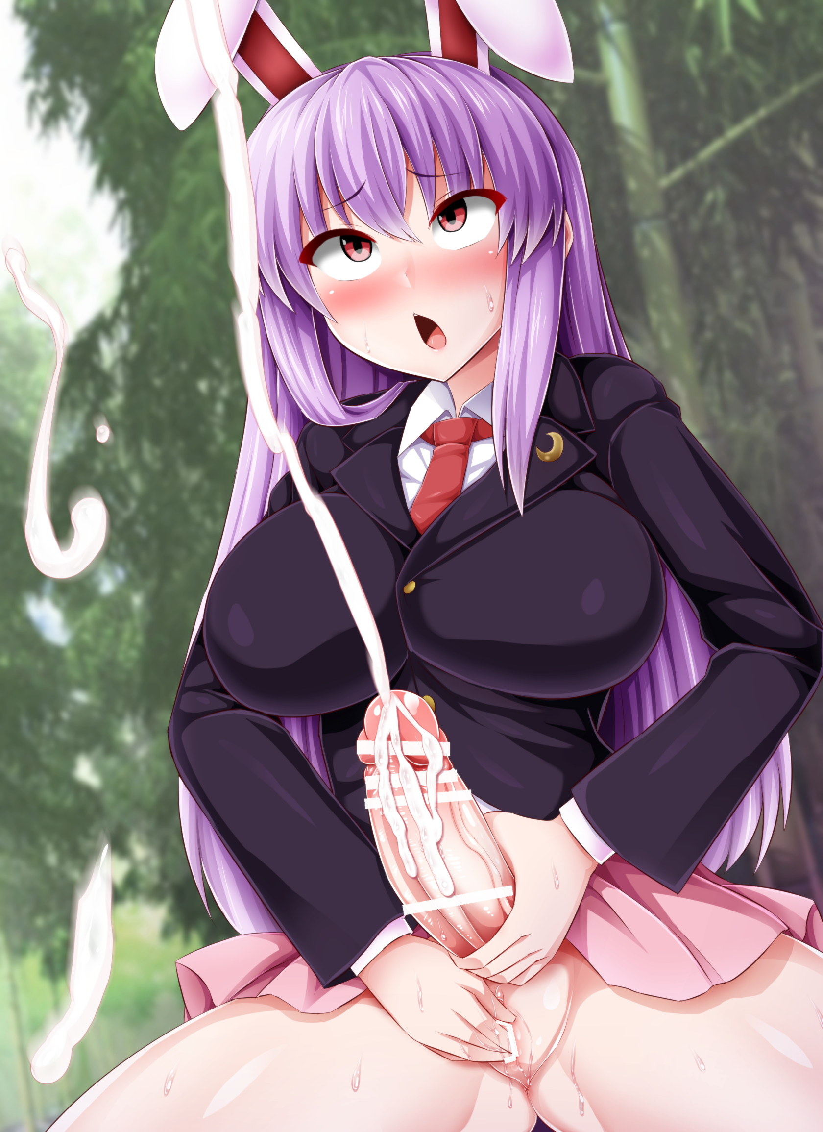 1futa, ahe gao, animal ears, blush, blushing, breasts, bunny ears, bunny girl, censored, clothed, clothed futa, clothes, clothing, cum, cum shot, cumshot, ejaculation, excessive cum, eyes rolling back, female, fingering, futa masturbation, futa only, futa sans balls, futanari, humanoid, humanoid penis, intersex, kemonomimi, large breasts, masturbation, monaka (gatinemiku), orgasm, outdoors, pale skin, partially clothed, penis, precum, pussy, reisen udongein inaba, rolling eyes, skirt, solo, solo focus, solo futa, touhou, vaginal masturbation