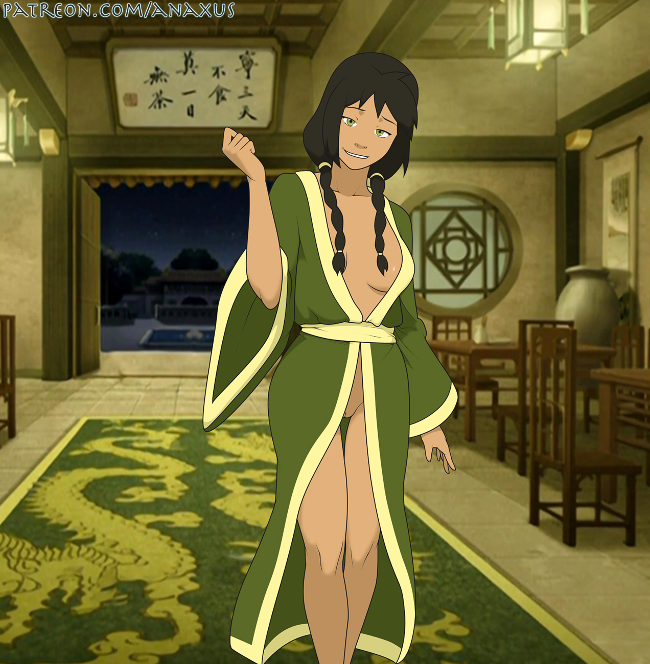 1girls, anaxus, approaching, arm up, avatar the last airbender, black hair, braided hair, breasts, breasts apart, brown hair, brown skin, casual, cleavage, clothing, cute, dark skin, dark-skinned female, earth kingdom, feet out of frame, female, female focus, female only, green eyes, hair covering breasts, head tilt, hips, human, indoors, innie pussy, jin (avatar), long hair, looking at viewer, medium breasts, nickelodeon, night, no bra, no panties, open door, open robe, outerwear, partially clothed, pigtails, posing, public, pussy, restaurant, robe, robe only, rug, sash, seductive, shaved pussy, sideboob, small breasts, smile, solo, standing, thigh gap, twin braids, walking, wide hips, wide sleeves