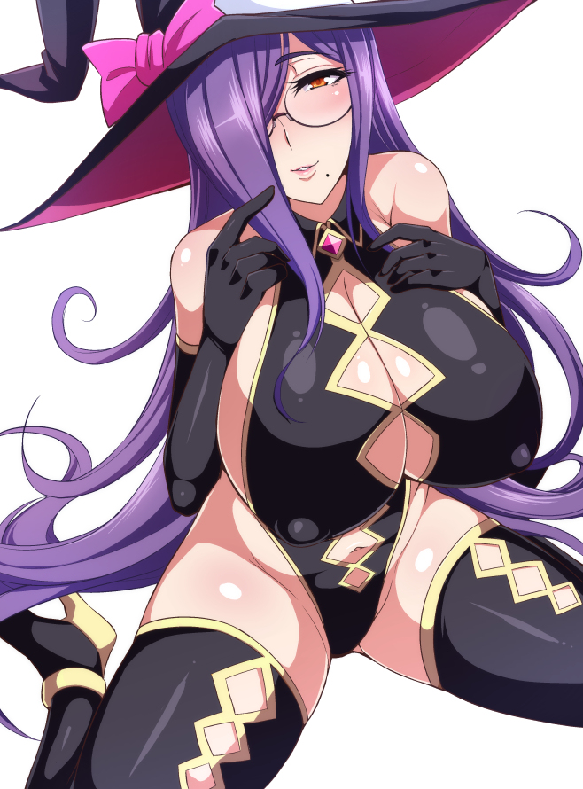 1girls, boots, breasts, cleavage, elbow gloves, female, glasses, gloves, hat, high heels, huge breasts, leotard, long hair, nishida megane, orange eyes, original, parted lips, purple hair, sitting, solo, thighhighs, witch hat