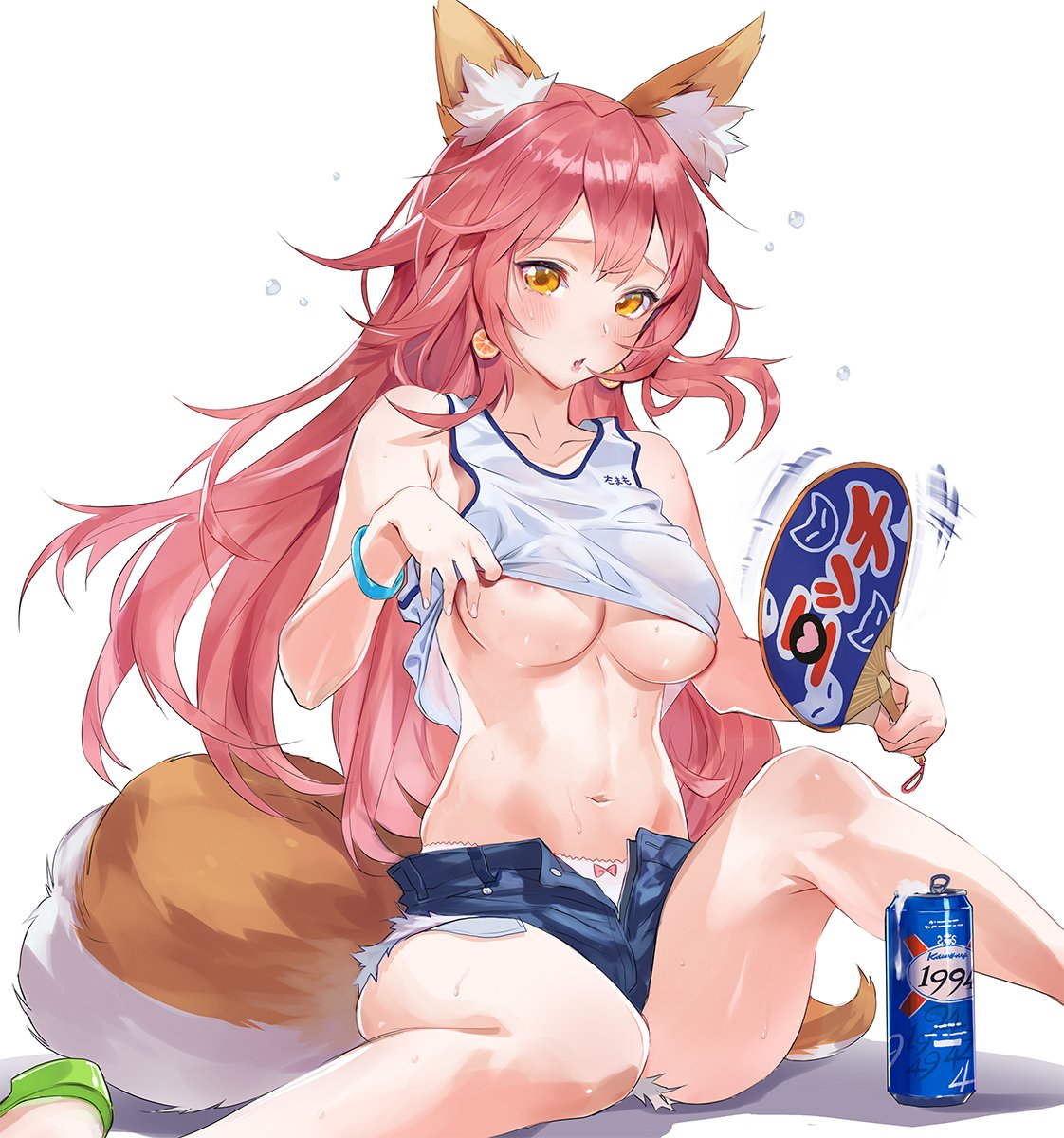 alcohol animal_ears areola_slip areolae beer blush bracelet denim denim_shorts earrings fan fanning_self fate/grand_order fate_(series) highres jewelry lifted_by_self mhk_(mechamania) navel nipple_slip panties pink_hair shirt_lift shorts sitting sweatdrop tail tamamo_no_mae_(fate) tank_top underwear yellow_eyes