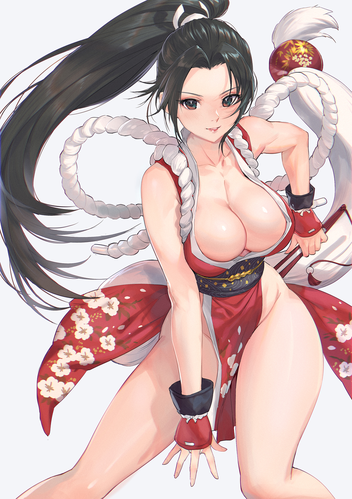 arm behind back, arm between legs, arm guards, bangs, bare shoulders, black hair, breasts, brown eyes, cleavage, fan, fatal fury, female, fighting, folding fan, high ponytail, highres, huge breasts, king of fighters, large breasts, long hair, mai shiranui, mhk (mechamania), ninja, parted bangs, pelvic curtain, ponytail, revealing clothes, smile, thick thighs, thighs, very long hair