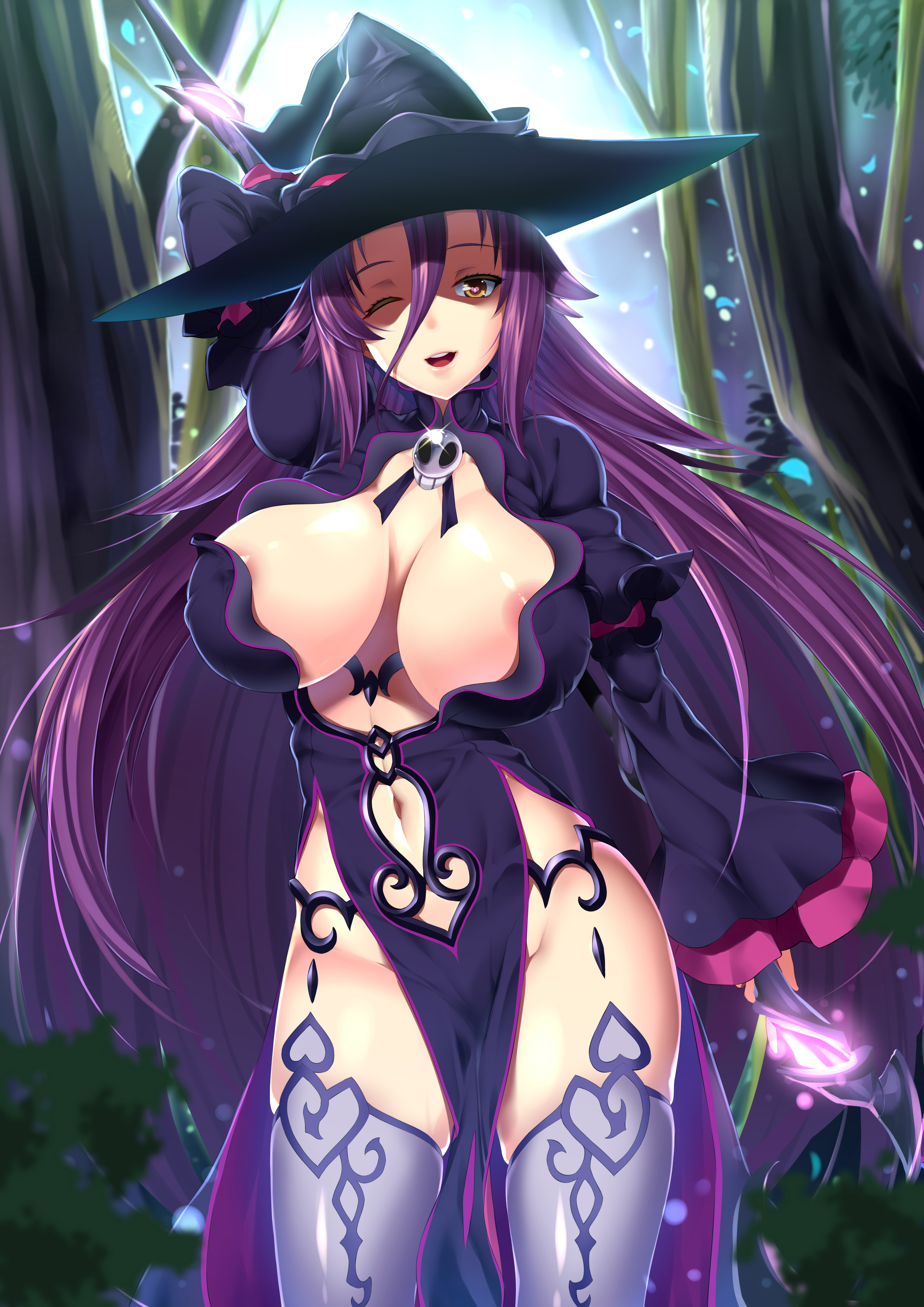 1girls, absurdres, breasts, curvy, dark mage (monster girl encyclopedia), female, hat, highres, large breasts, long hair, long sleeves, monster girl encyclopedia, nature, navel, open mouth, purple hair, revealing clothes, solo, staff, standing, thighhighs, tree, winking, witch hat, yellow eyes
