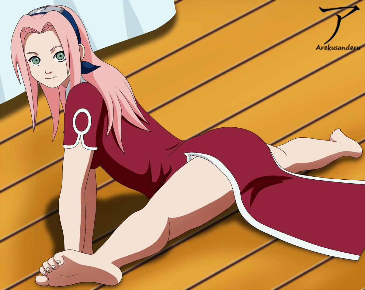 1girls, arekusanderu, ass, barefoot, bed, bedroom, big ass, big butt, clothed, clothing, dress, feet, female, female only, foot fetish, fully clothed, green eyes, headband, indoors, large ass, legs, legs apart, legs held open, long hair, looking at viewer, naruto, naruto (classic), naruto (series), petite, pink hair, pinup, pose, posing, sakura haruno, shounen jump, smile, soles, solo, splits, spread legs, spreading, teenager, thighs, toe curl, toe scrunch, toenails, toes, voluptuous