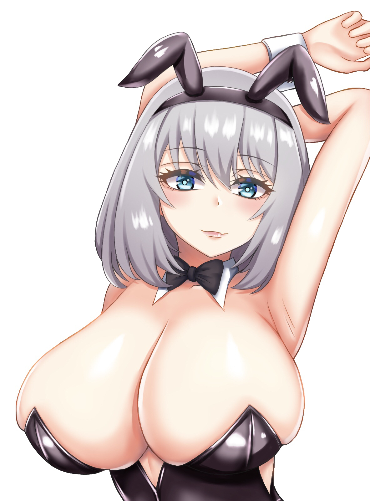arms behind head, arms up, big breasts, black bowtie, black leotard, blue eyes, blush, bowtie, breasts, bunny costume, bunny ears, bunny girl, bunnysuit, closed mouth, comotaro, covered nipples, eyebrows visible through hair, eyelashes, female, female focus, female only, leotard, mouth closed, playboy bunny, posing, shiny skin, short hair, silver hair, simple background, solo, solo female, solo focus, tejina senpai, tejina senpai (character), white background