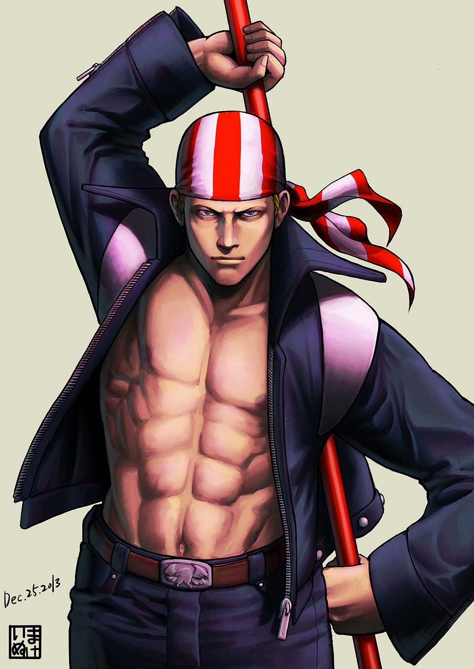 10s 1boy 2013 belt billy_kane blonde_hair date fatal_fury human human_only jacket japanese_text jeans king_of_fighters makeinu male male_only muscular muscular_male serious_look simple_background snk solo_male