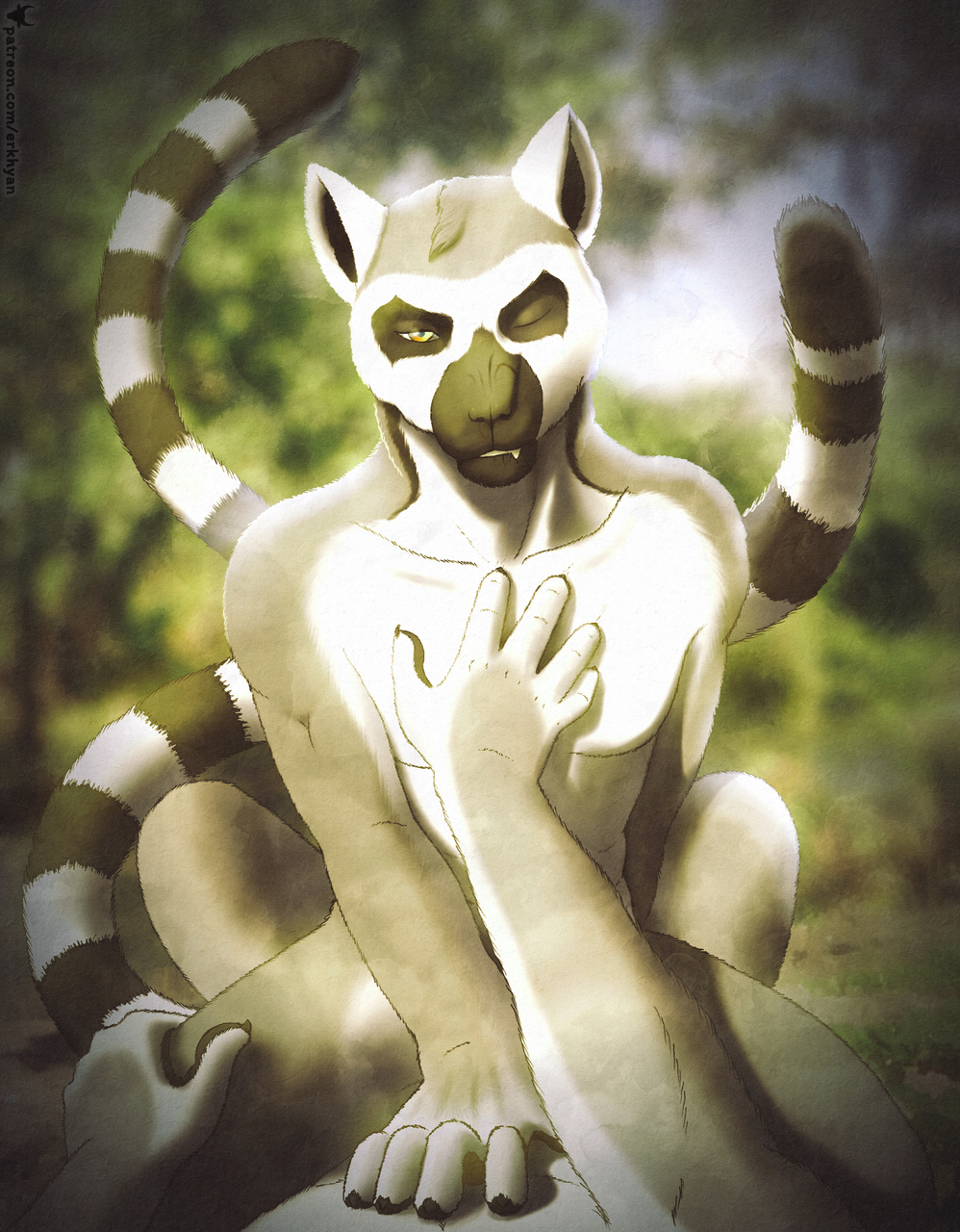 5_fingers anthro cowgirl_position duo erkhyan fingers from_front_position hand_on_chest hi_res lemur looking_at_viewer male male/male mammal nude on_bottom on_top one_eye_closed primate ring-tailed_lemur sex strepsirrhine text url