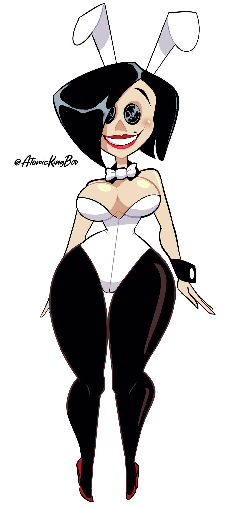 1girls, artist name, atomickingboo, background, big breasts, black hair, breasts, bunny costume, bunny ears, bunny girl, bunnysuit, busty, cleavage, clothing, coraline, female, high heels, hourglass figure, looking at viewer, mature, mature female, milf, mole, mother, other mother, pantyhose, red lipstick, simple background, smile, thick thighs, watermark