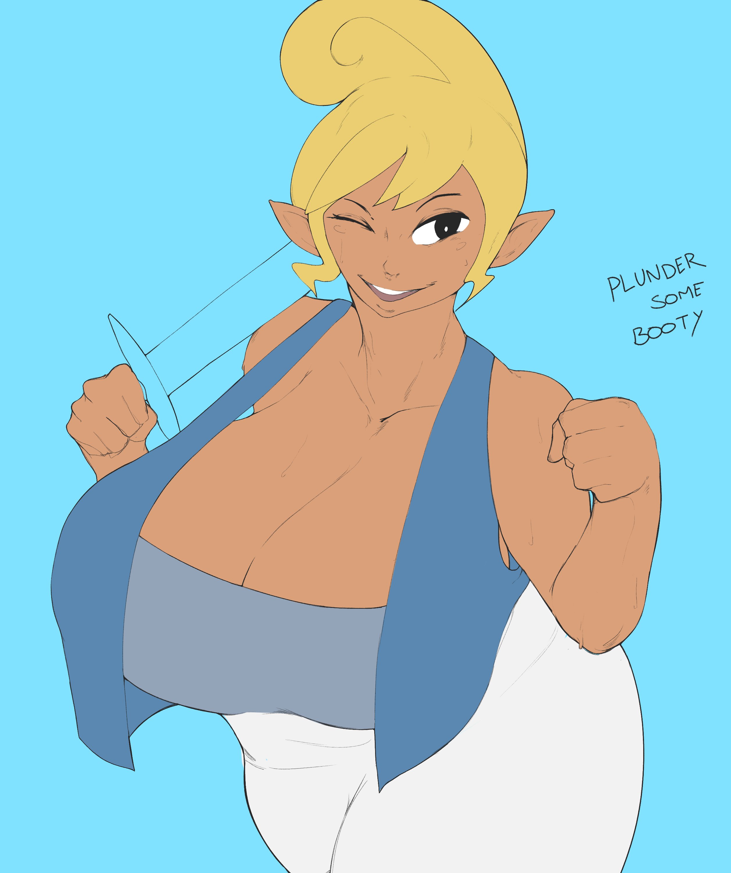 1girls, aged up, alternate breast size, ass, breasts, breasts bigger than head, cleavage, english text, female, female only, huge ass, hyper, hyper breasts, looking at viewer, smoxul, solo, solo female, tetra, the legend of zelda, the wind waker, voluptuous, wide hips, wind waker, winking